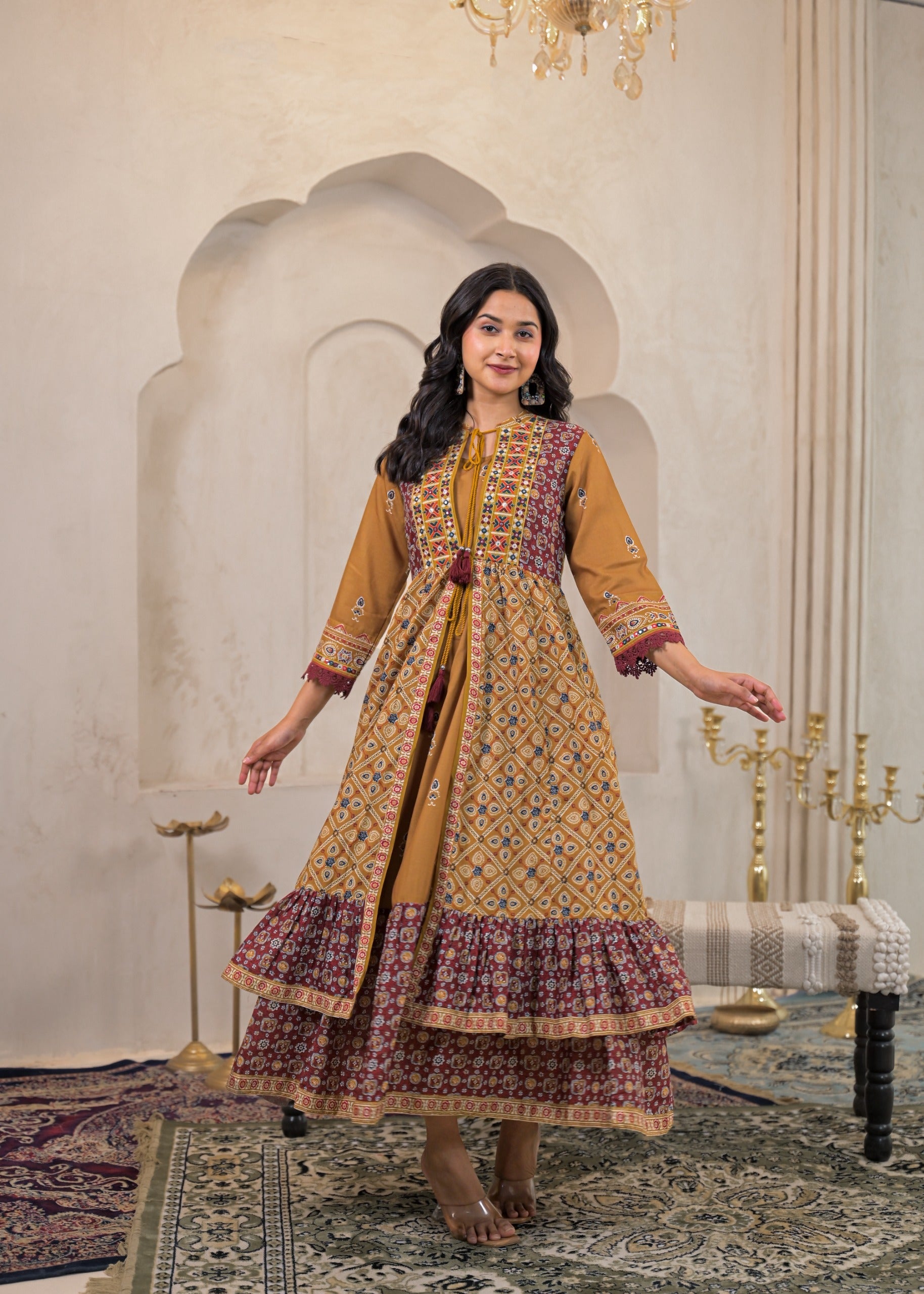 Mustard Manmade Fiber Ethnic Double Layered Flared Longdress With Inner & Mirror Thread Work