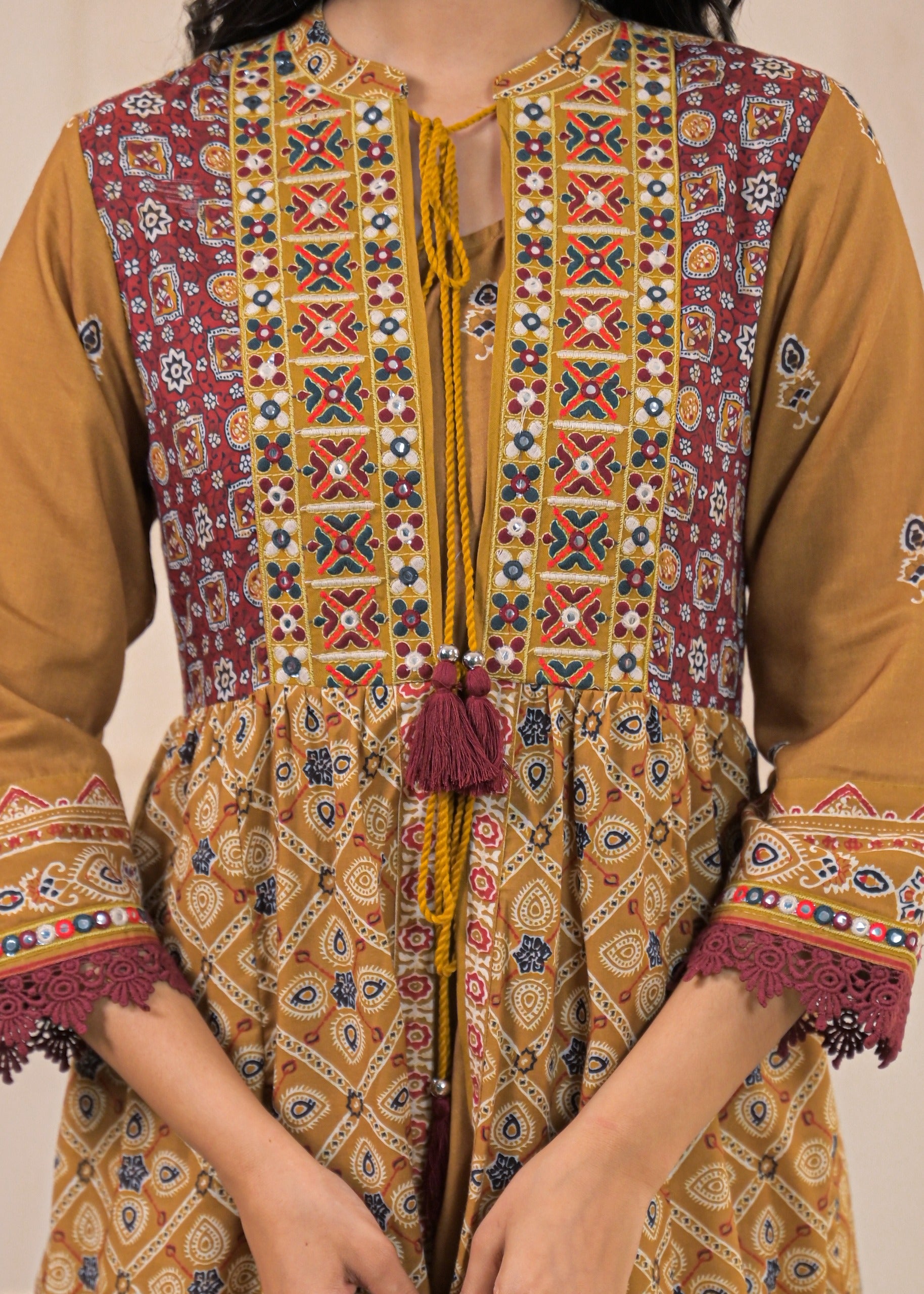 Mustard Manmade Fiber Ethnic Double Layered Flared Longdress With Inner & Mirror Thread Work
