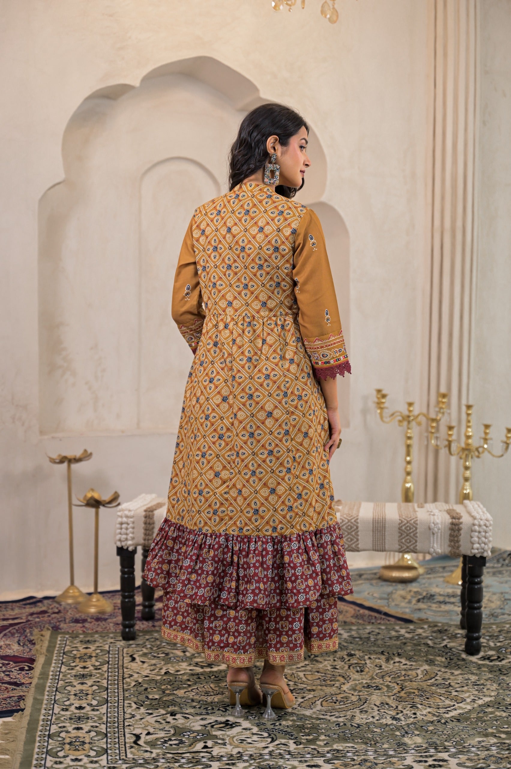 Mustard Manmade Fiber Ethnic Double Layered Flared Longdress With Inner & Mirror Thread Work