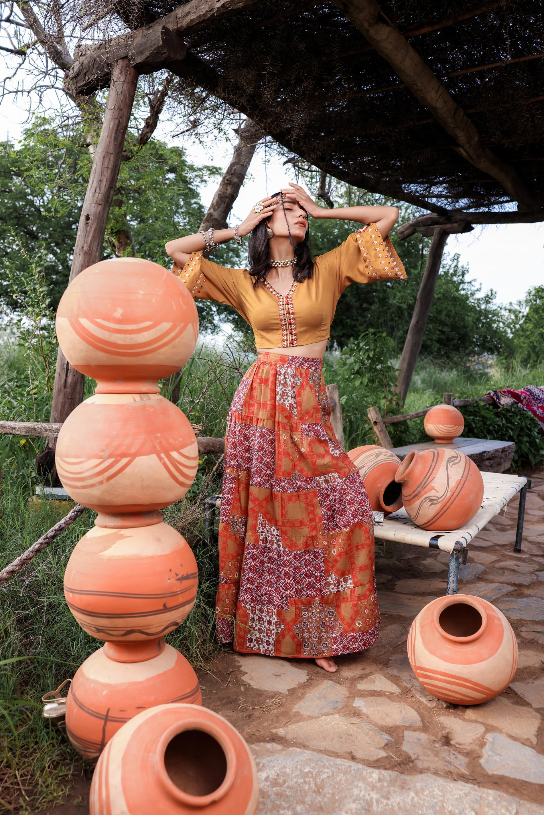 Mustard Floral Embroidered Co-ord Set with Mirror & Thread Work