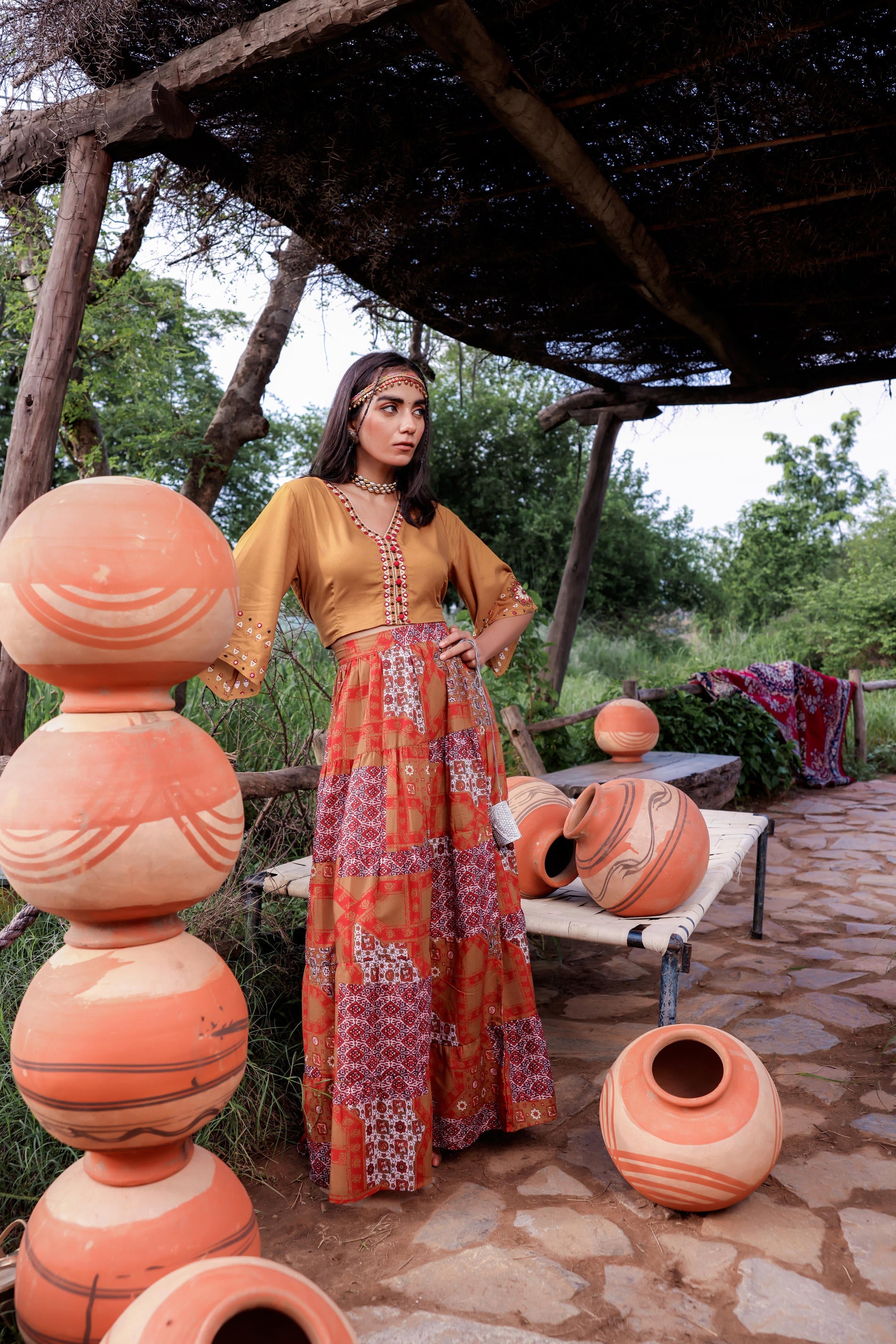 Mustard Floral Embroidered Co-ord Set with Mirror & Thread Work