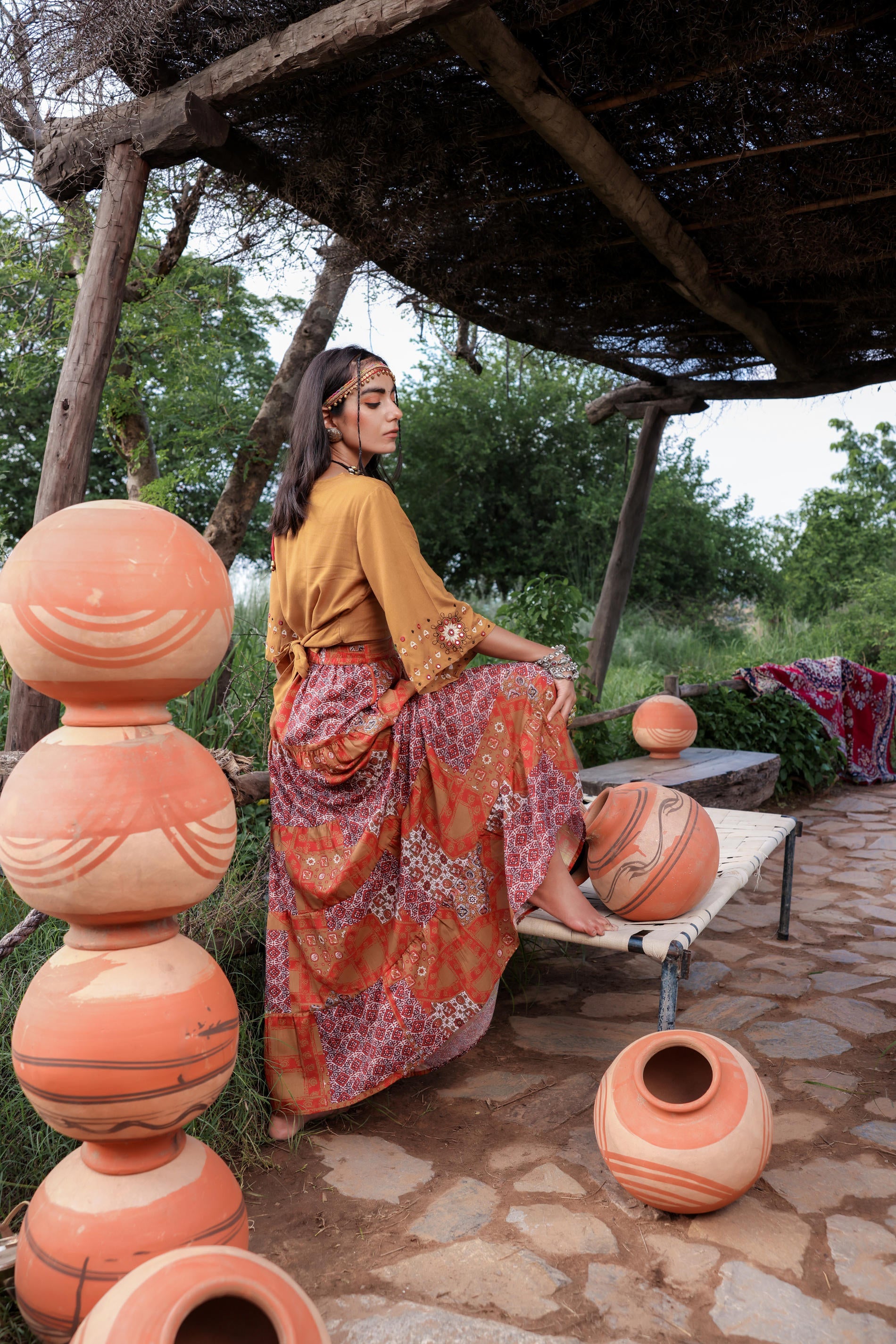 Mustard Floral Embroidered Co-ord Set with Mirror & Thread Work