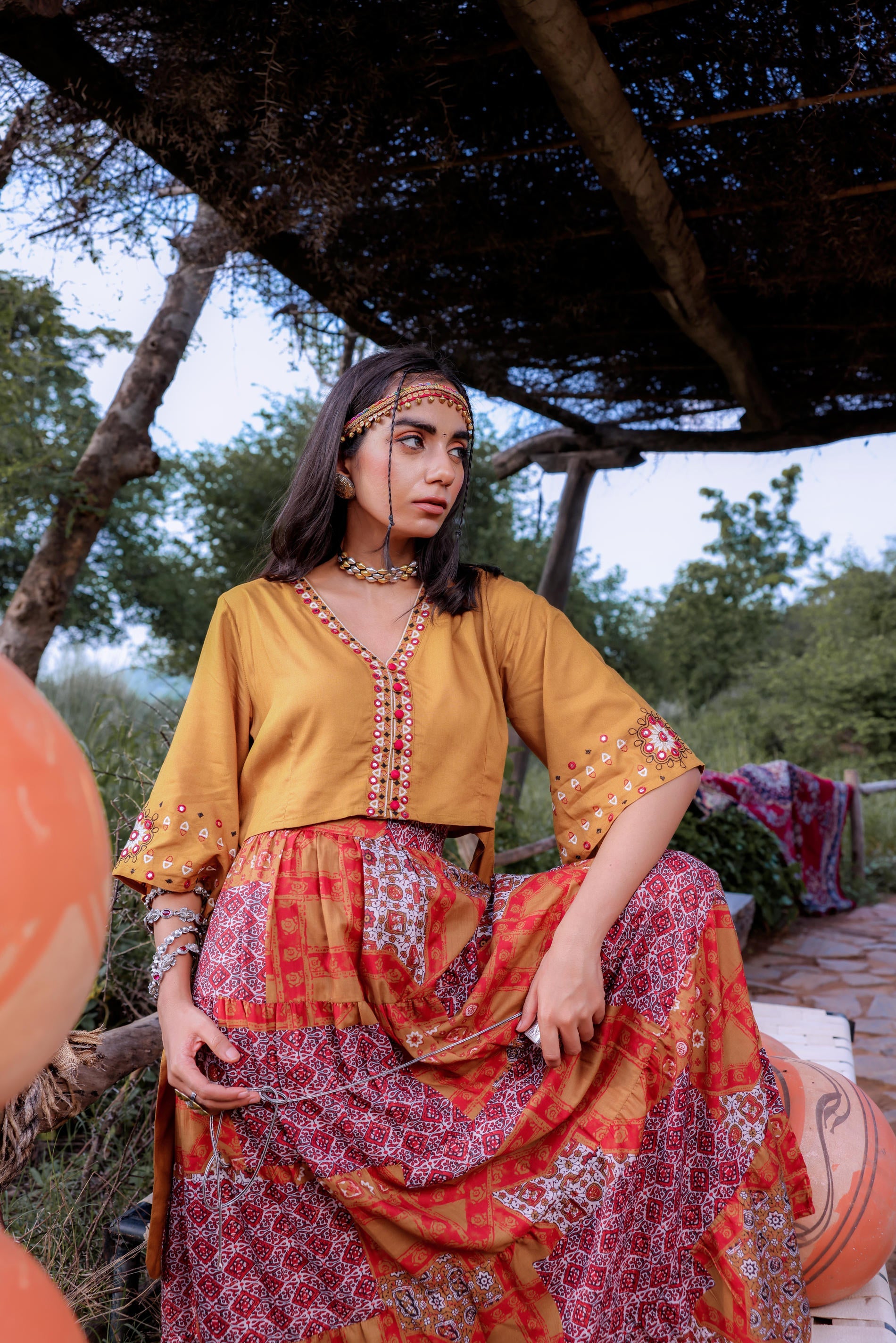 Mustard Floral Embroidered Co-ord Set with Mirror & Thread Work