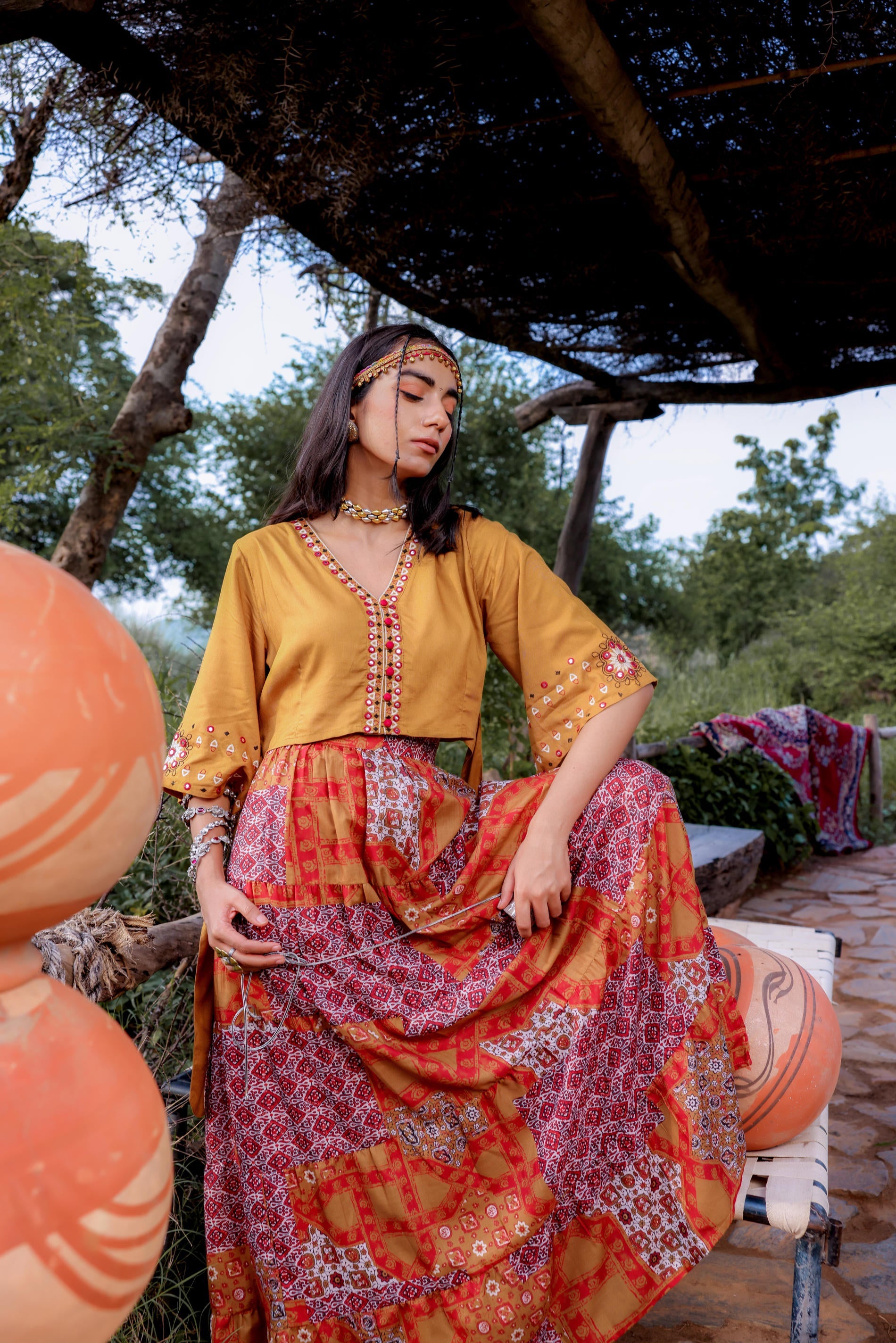 Mustard Floral Embroidered Co-ord Set with Mirror & Thread Work