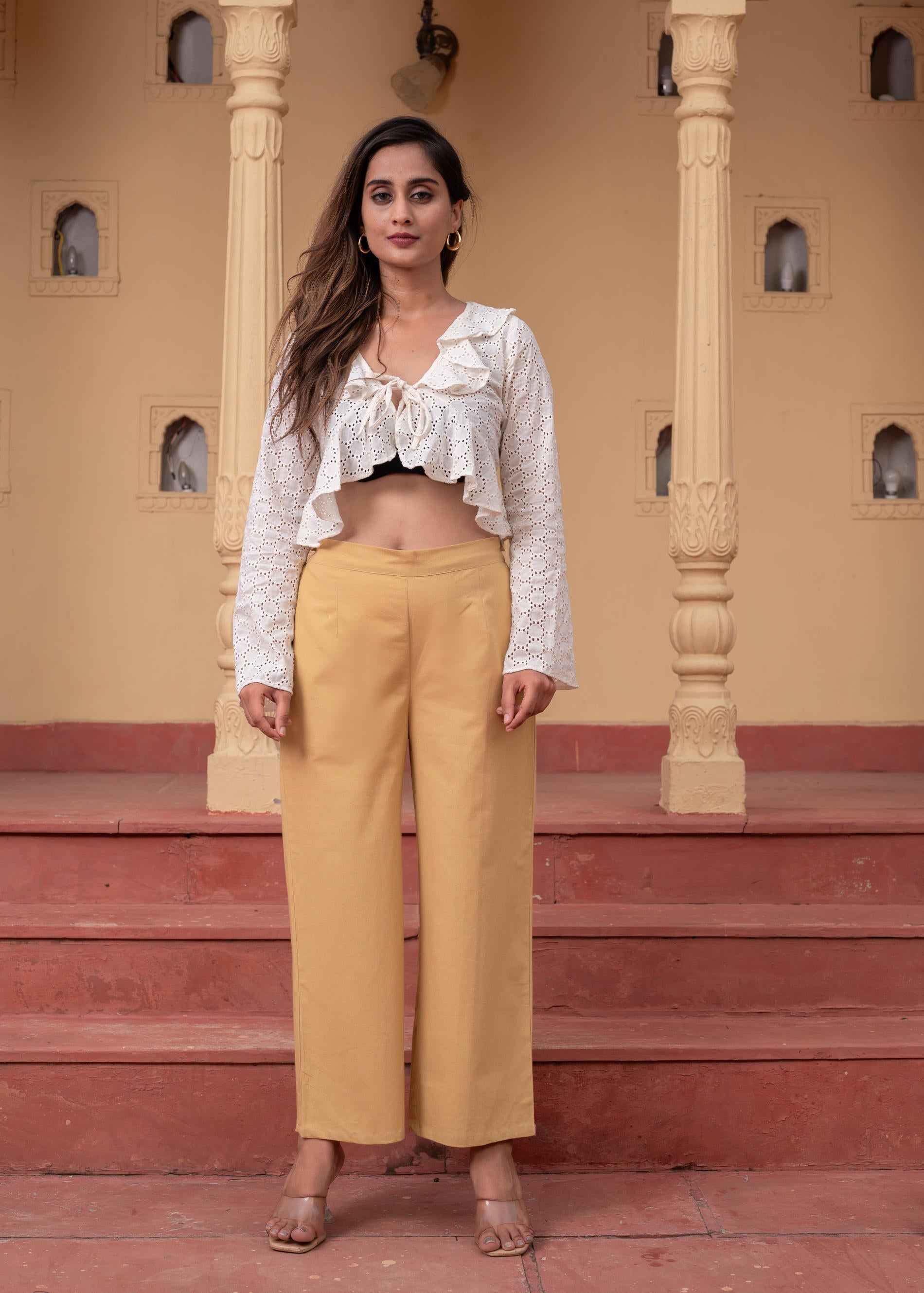 Women's Beige Solid Straight Cotton Pant with Pocket