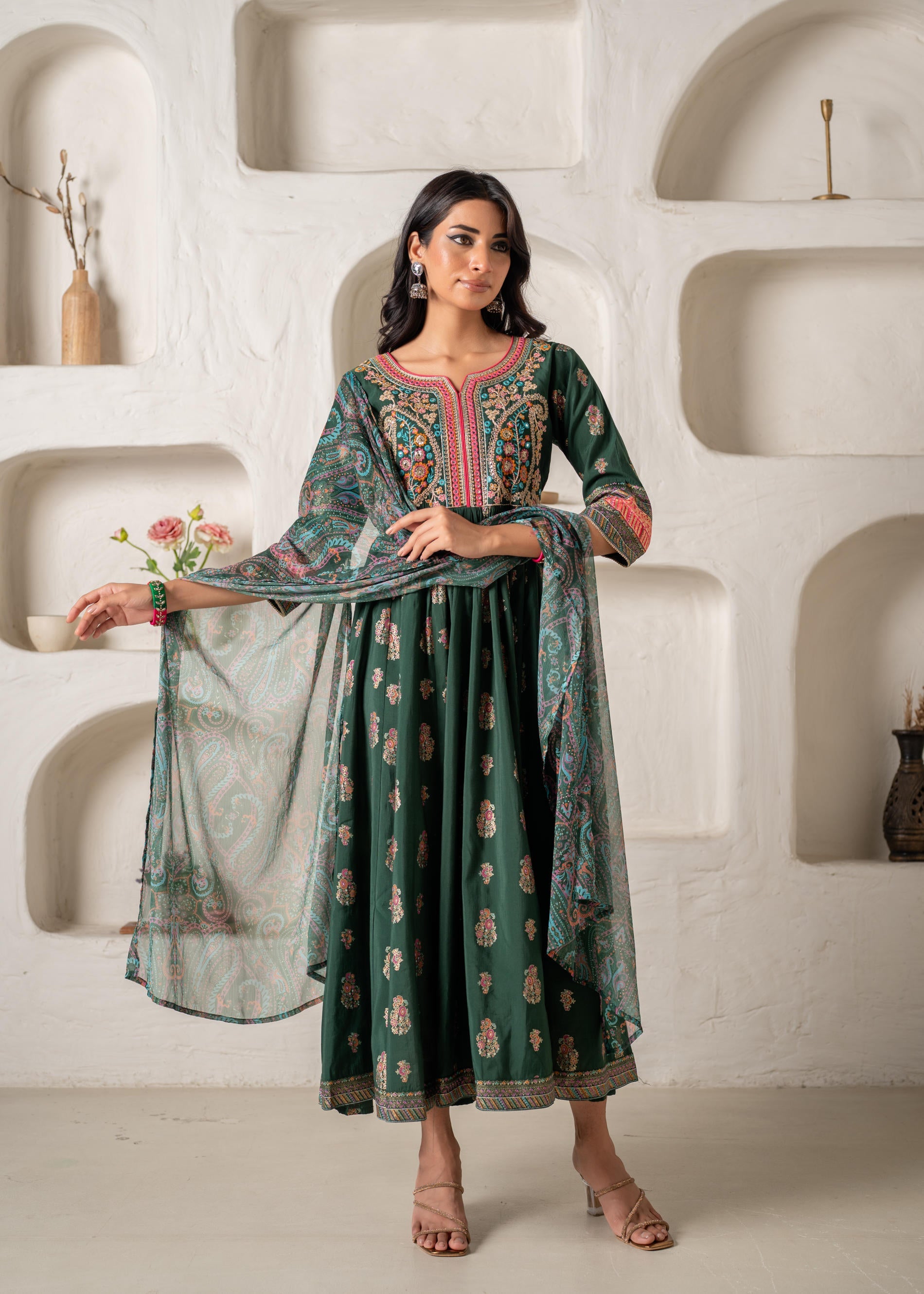 Jade Green Ethnic Motif Embroidered Fit & Flared Kurta Dupatta Set with Zari & Mirror Work