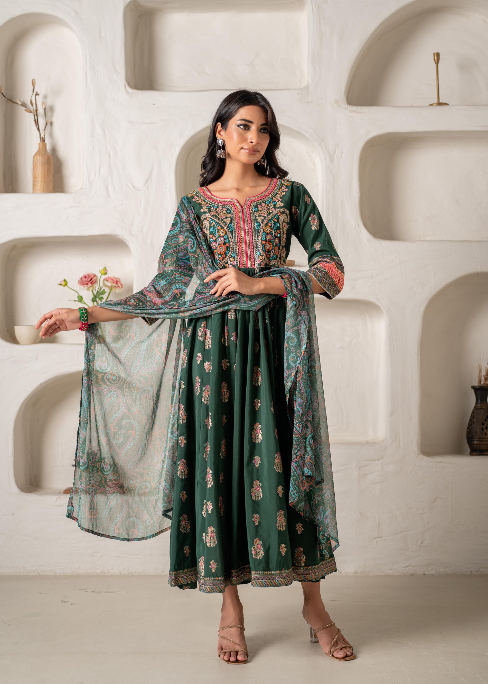 Jade Green Ethnic Motif Embroidered Fit & Flared Kurta Dupatta Set with Zari & Mirror Work