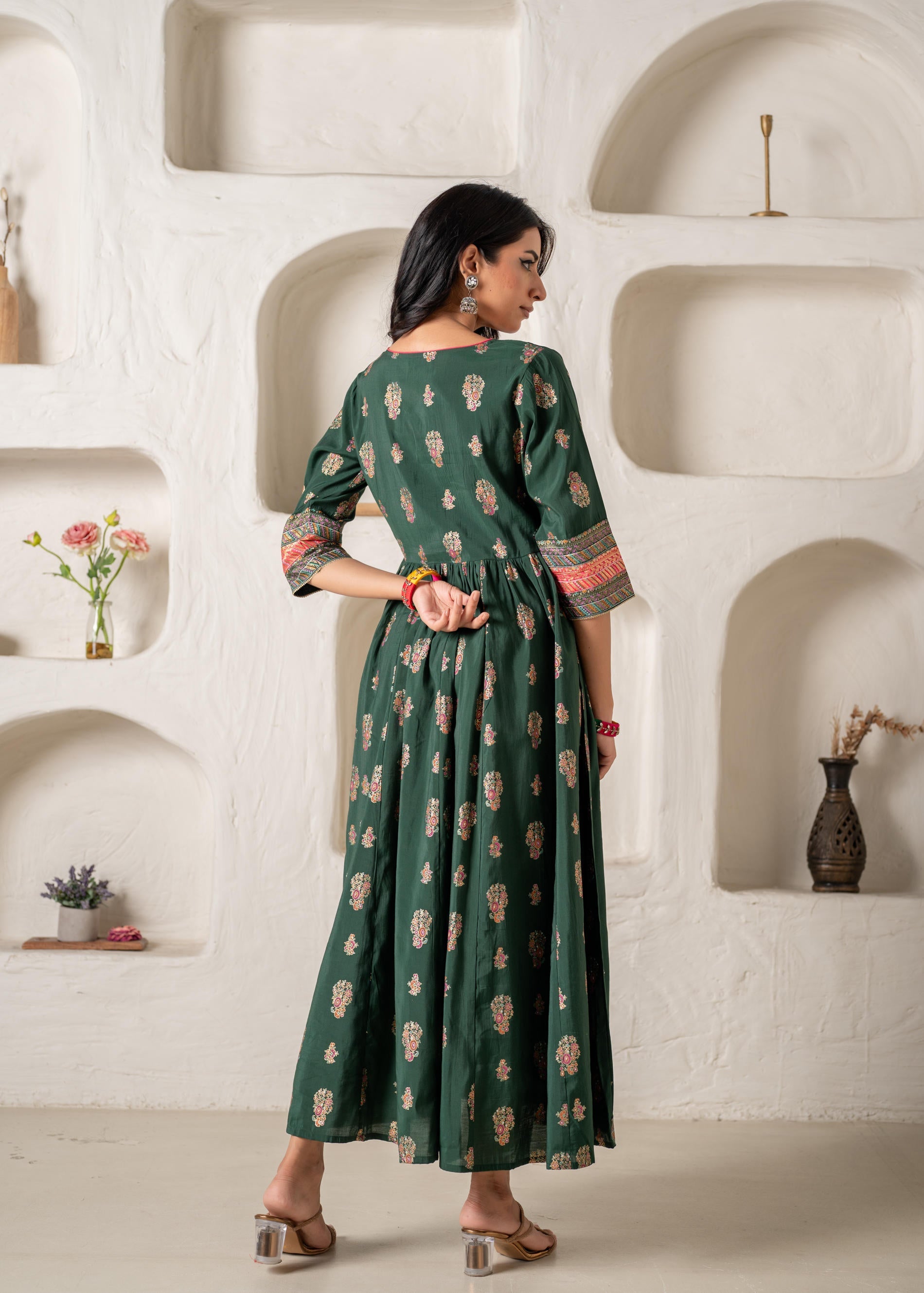 Jade Green Ethnic Motif Embroidered Fit & Flared Kurta Dupatta Set with Zari & Mirror Work