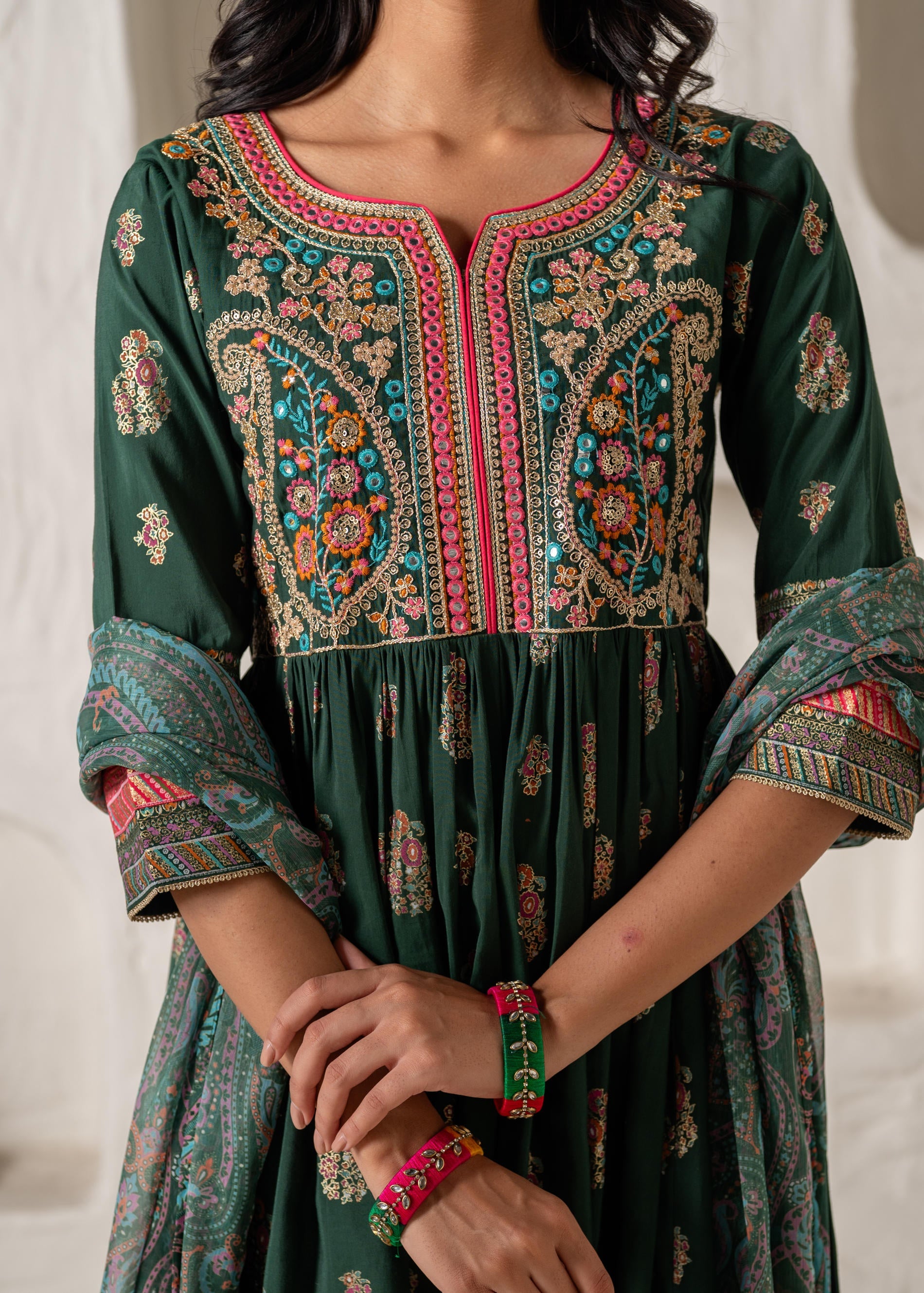 Jade Green Ethnic Motif Embroidered Fit & Flared Kurta Dupatta Set with Zari & Mirror Work