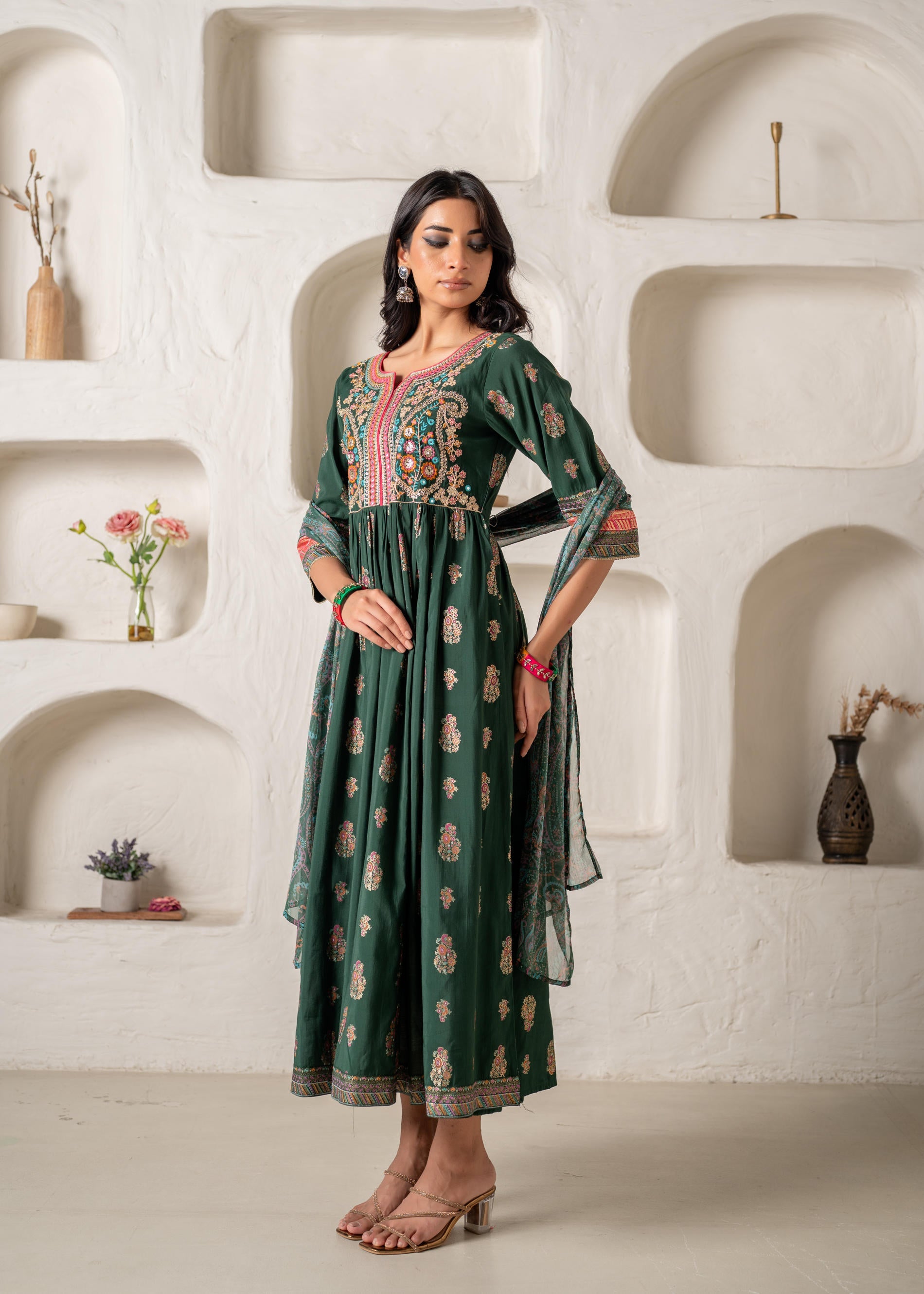 Jade Green Ethnic Motif Embroidered Fit & Flared Kurta Dupatta Set with Zari & Mirror Work