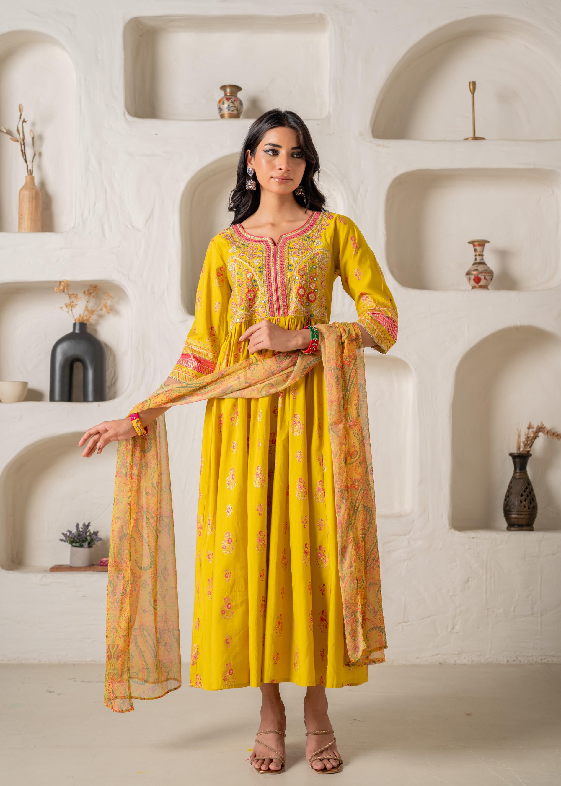 Mustard Yellow Embroidered Anarkali Kurta With Printed Dupatta