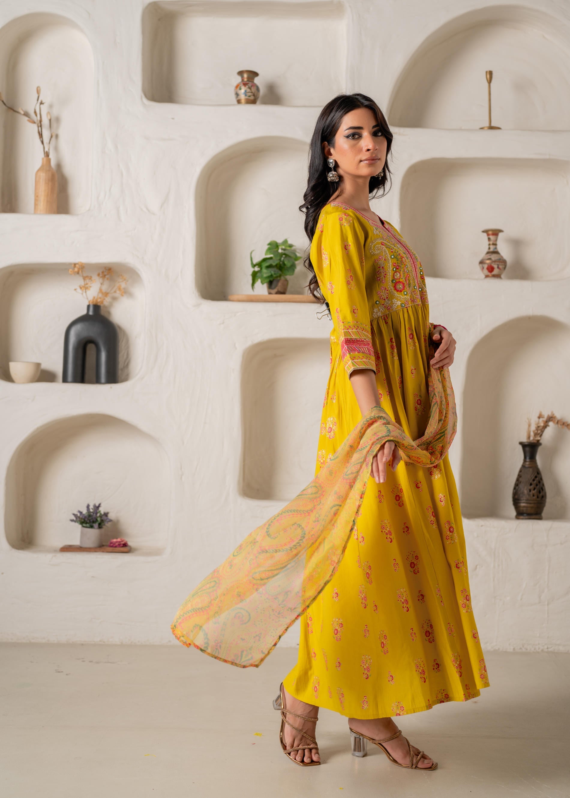 Mustard Yellow Embroidered Anarkali Kurta With Printed Dupatta