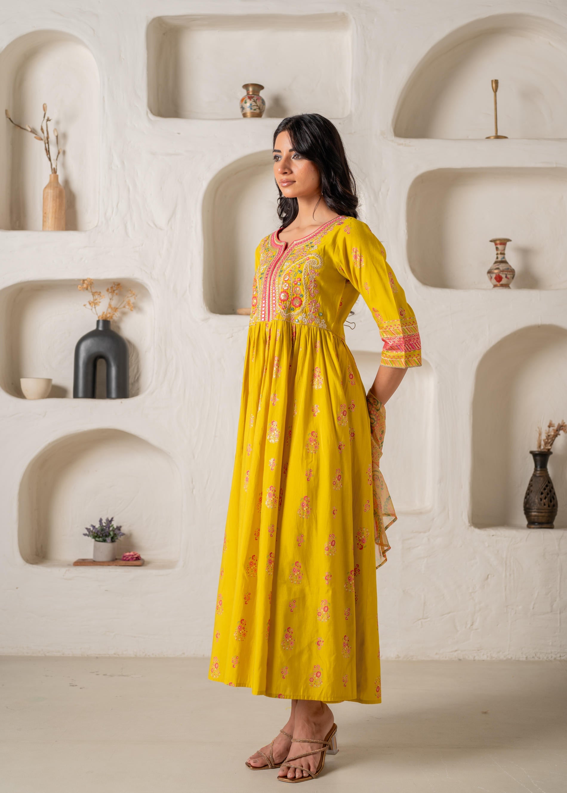 Mustard Yellow Embroidered Anarkali Kurta With Printed Dupatta