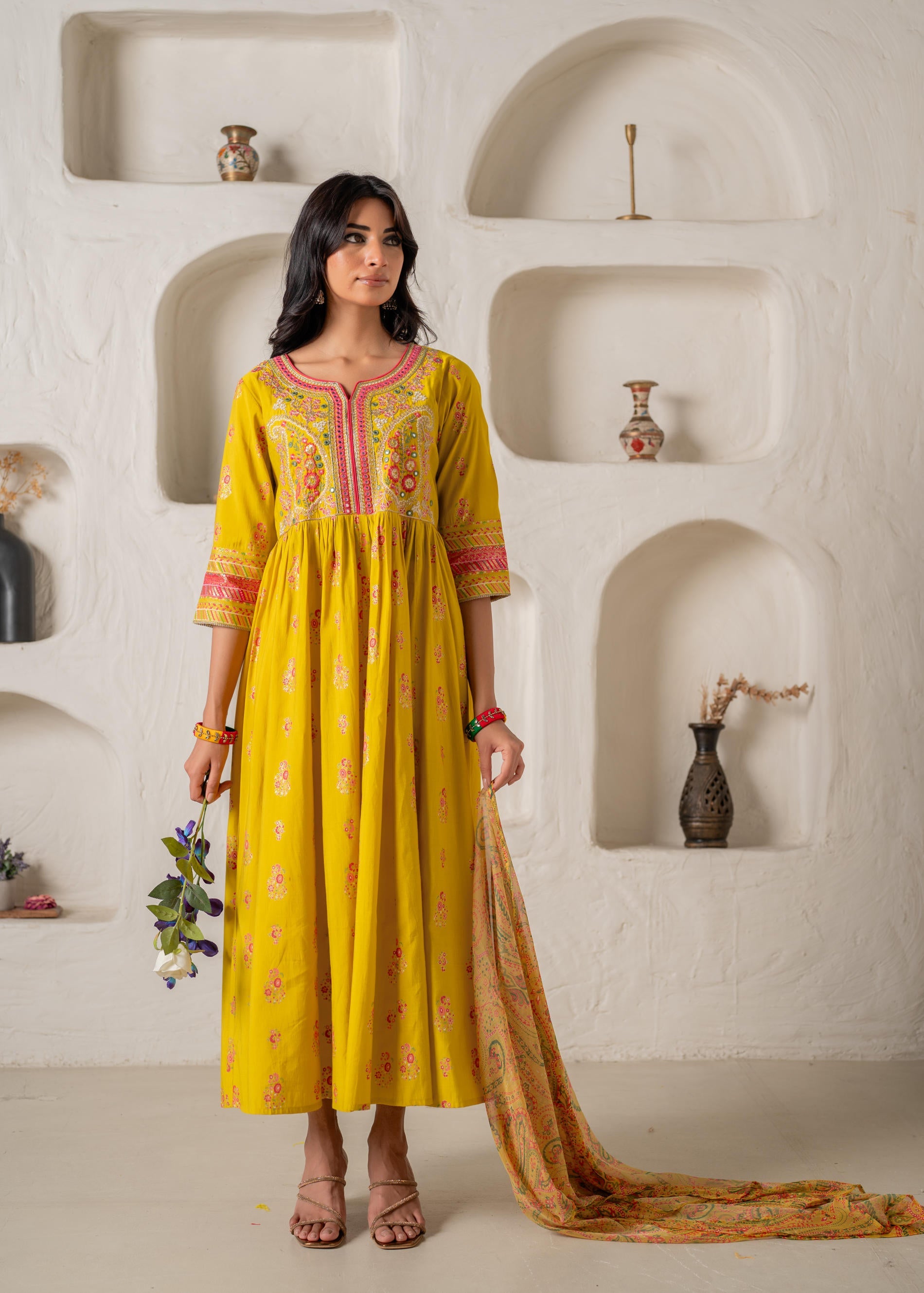 Mustard Yellow Embroidered Anarkali Kurta With Printed Dupatta