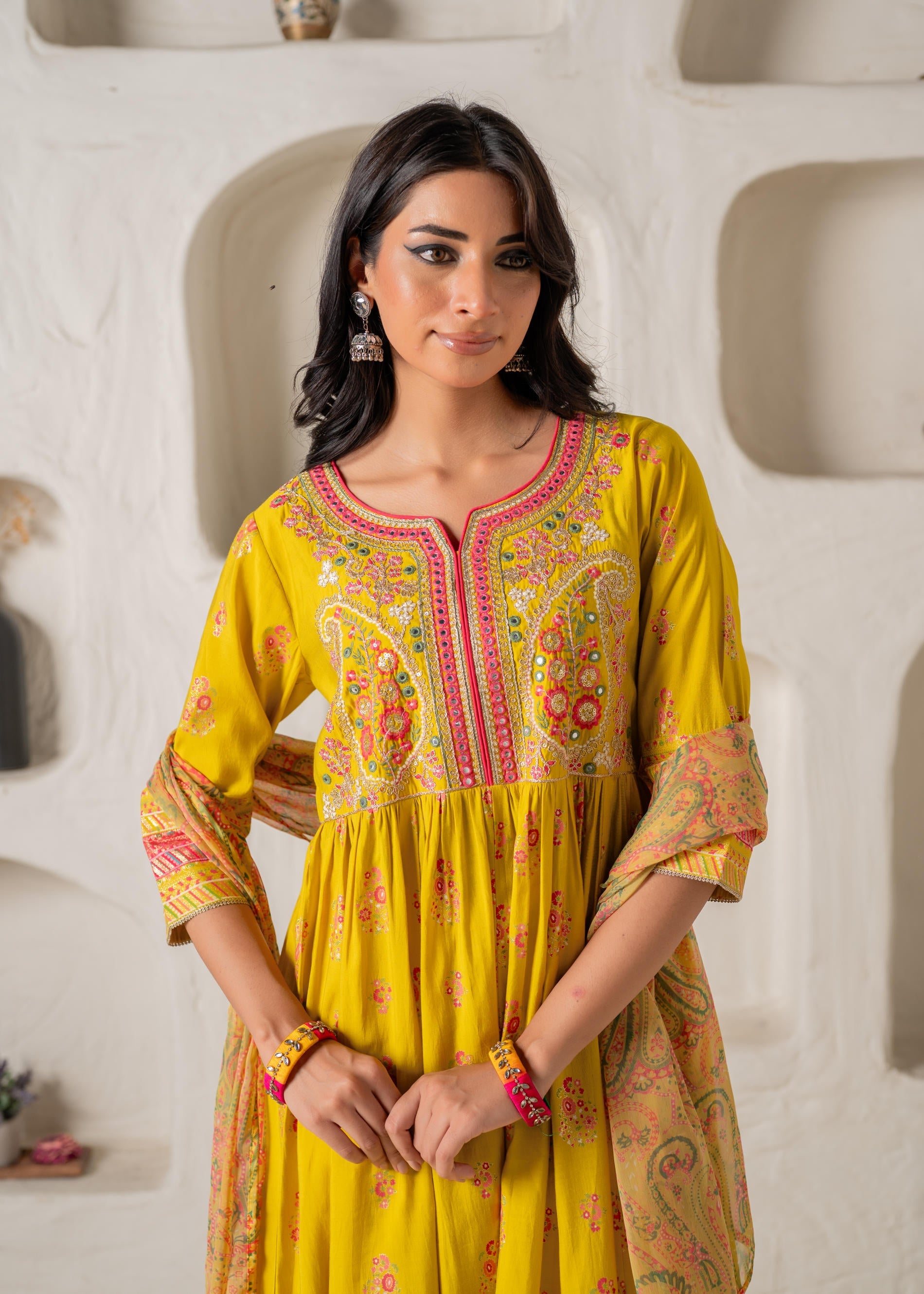Mustard Yellow Embroidered Anarkali Kurta With Printed Dupatta