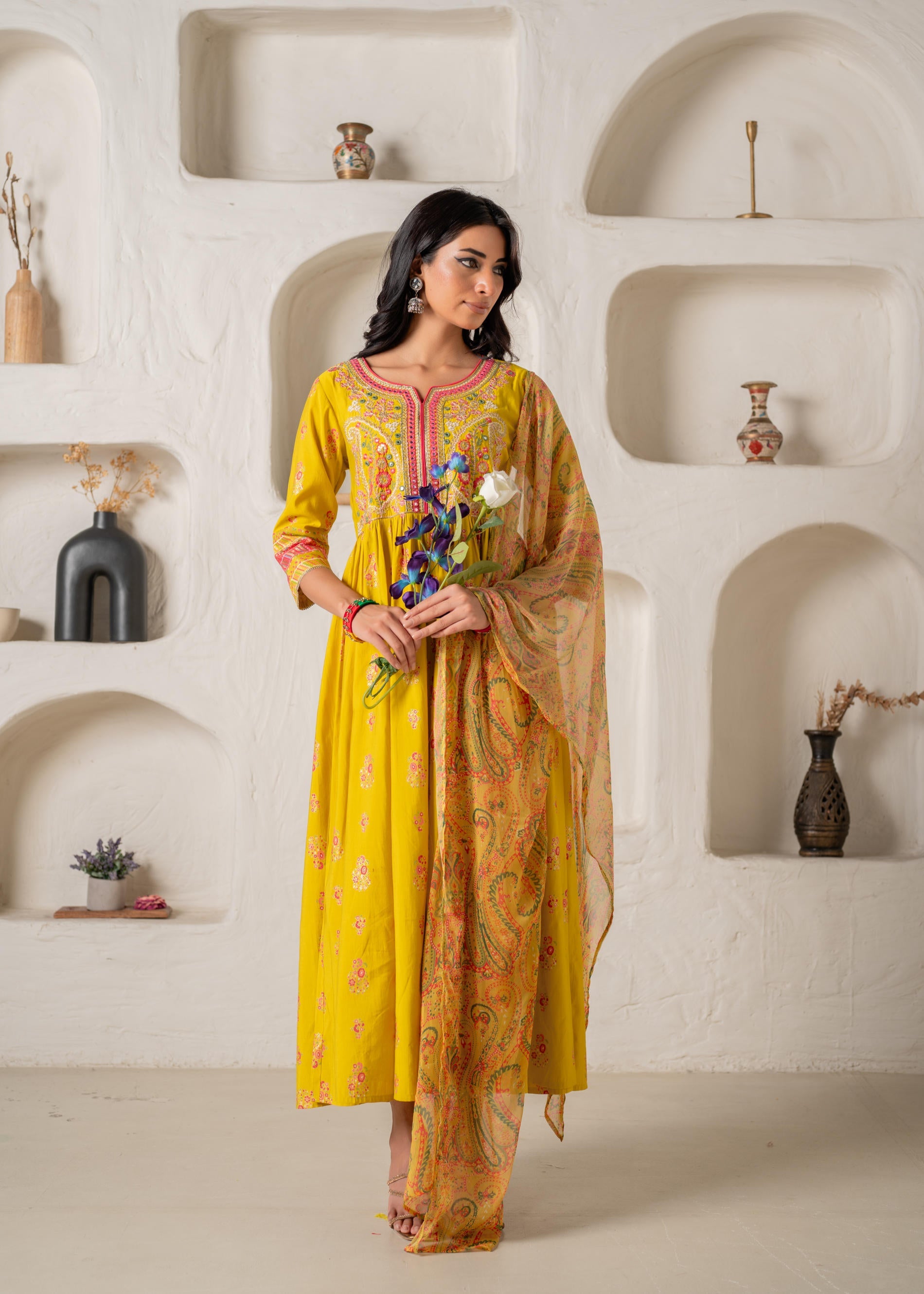 Mustard Yellow Embroidered Anarkali Kurta With Printed Dupatta
