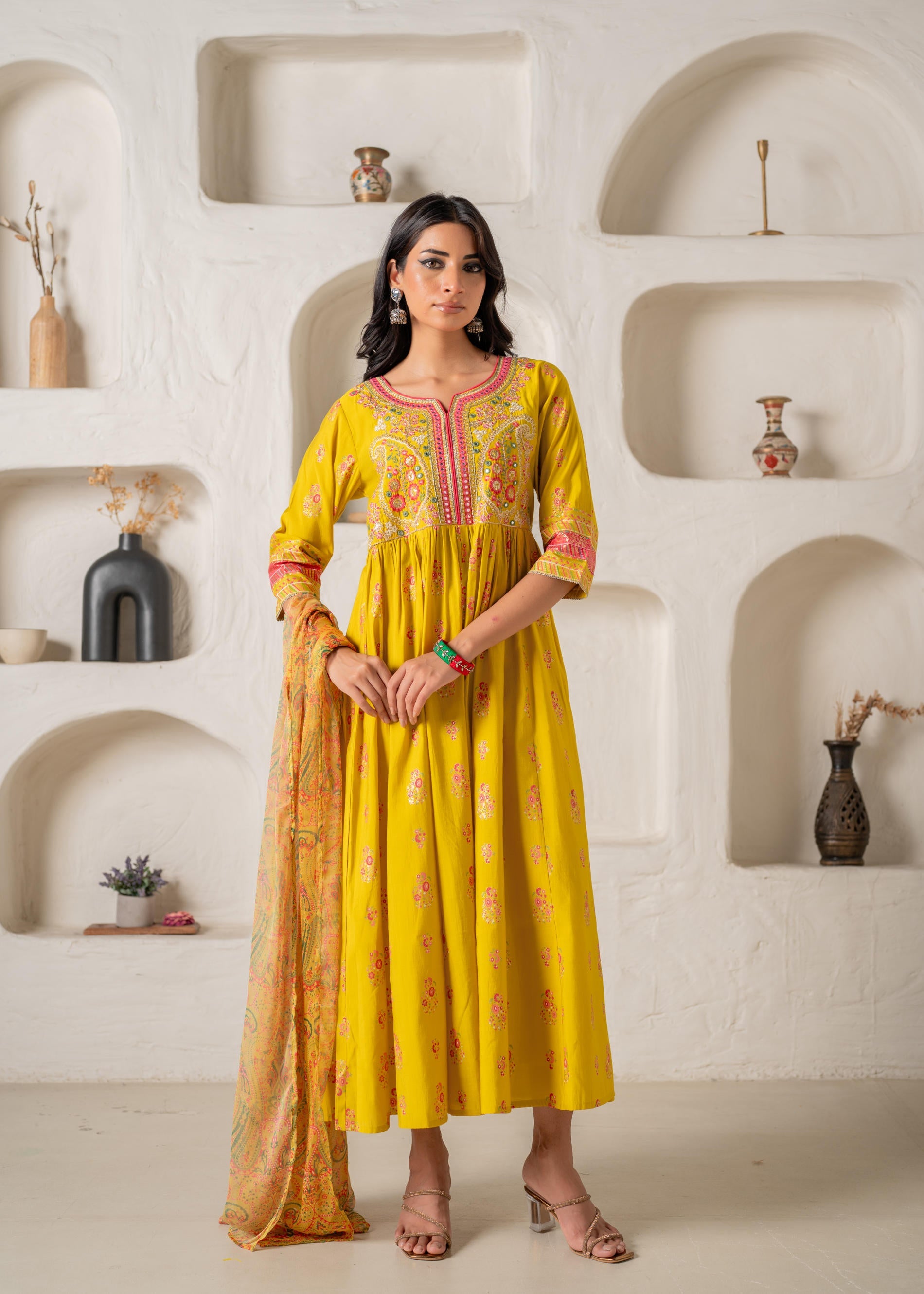 Mustard Yellow Embroidered Anarkali Kurta With Printed Dupatta