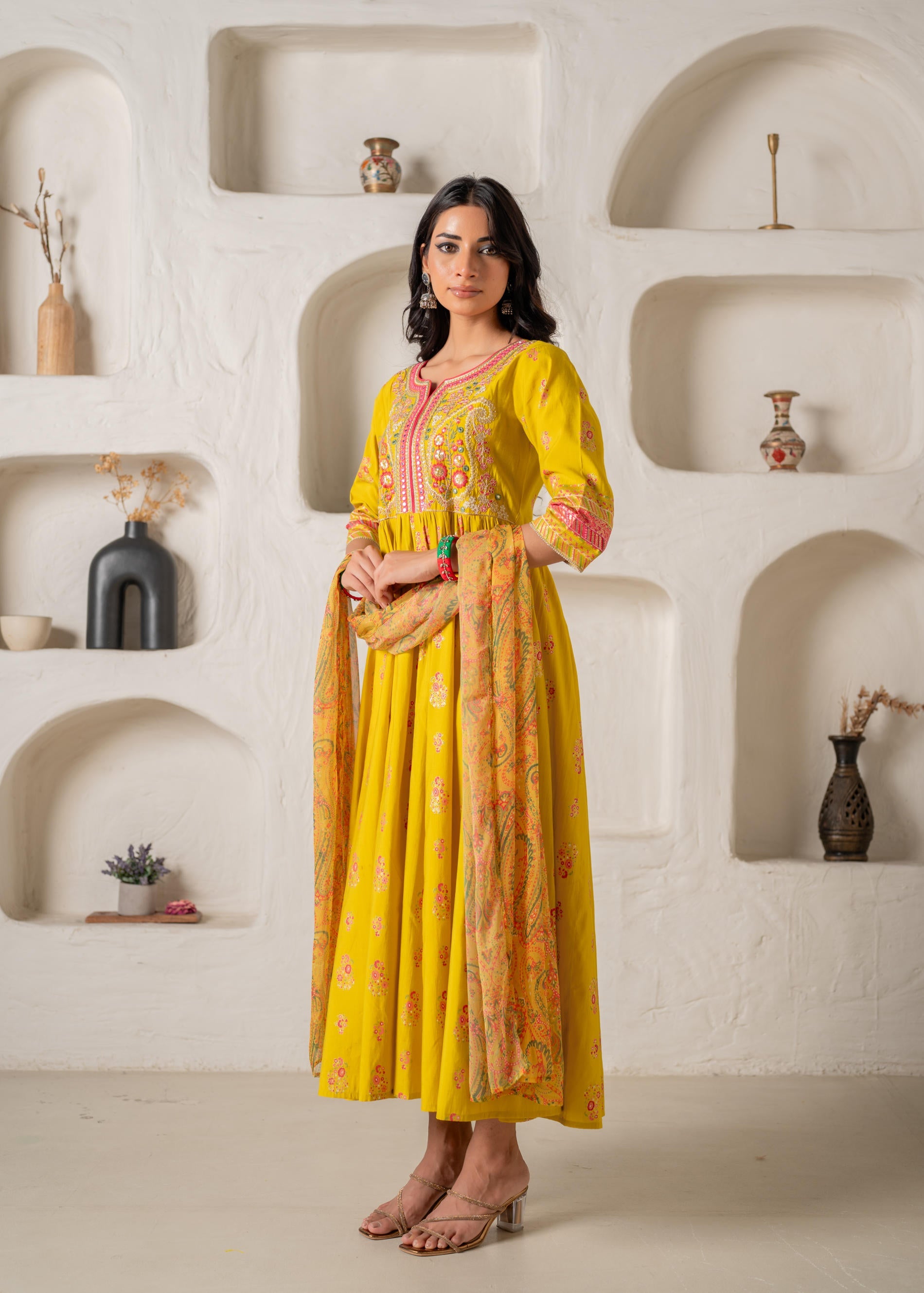 Mustard Yellow Embroidered Anarkali Kurta With Printed Dupatta
