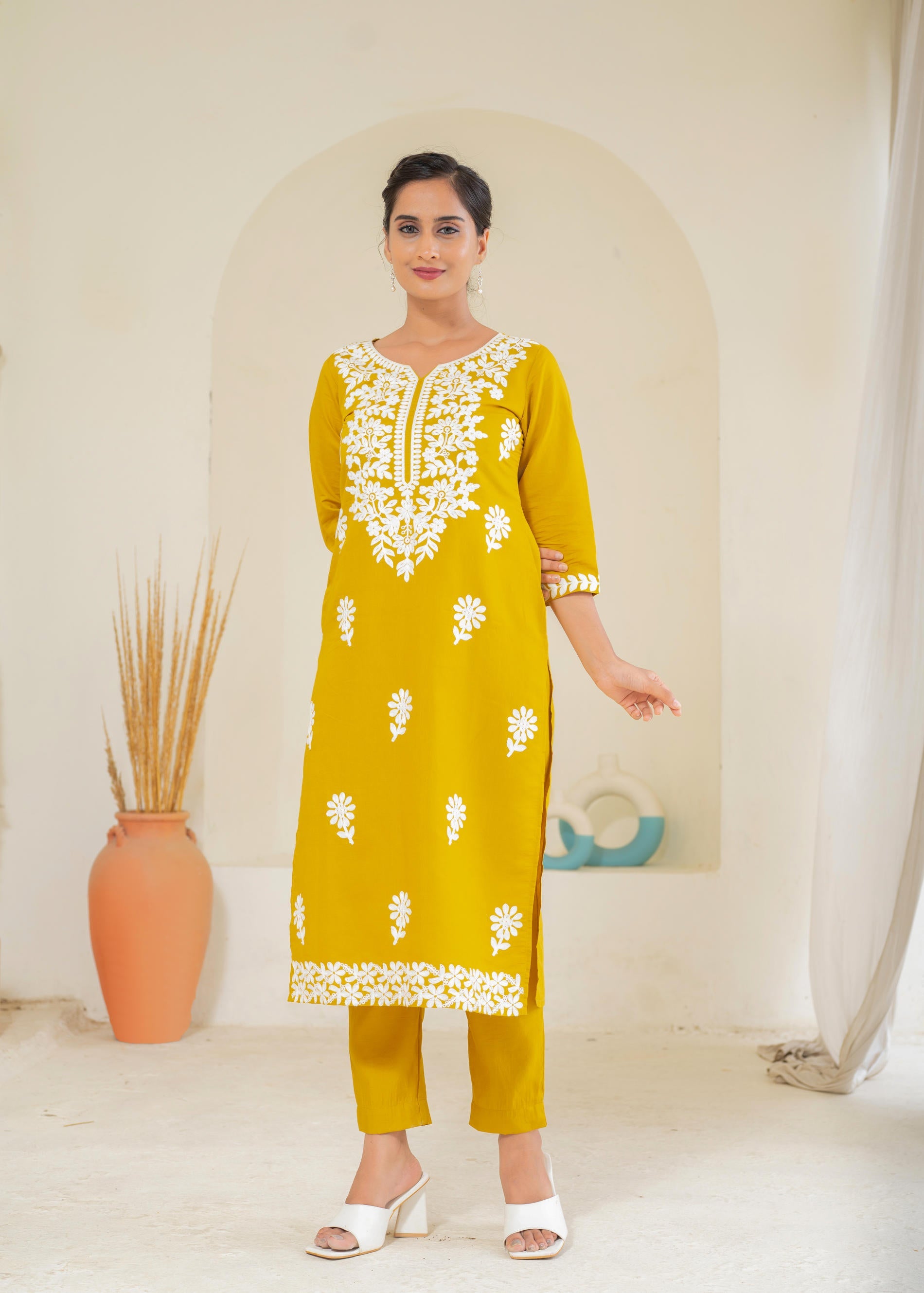 Mustard Solid Embroidered Straight Kurta Pant Set with Thread Work