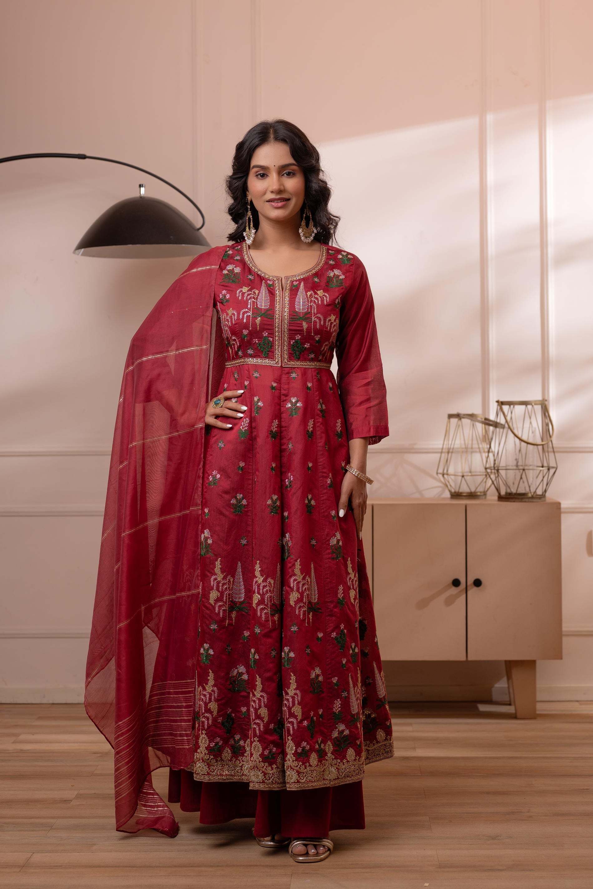 Embroidered Maroon Long Kurta And Skirt With Dupatta