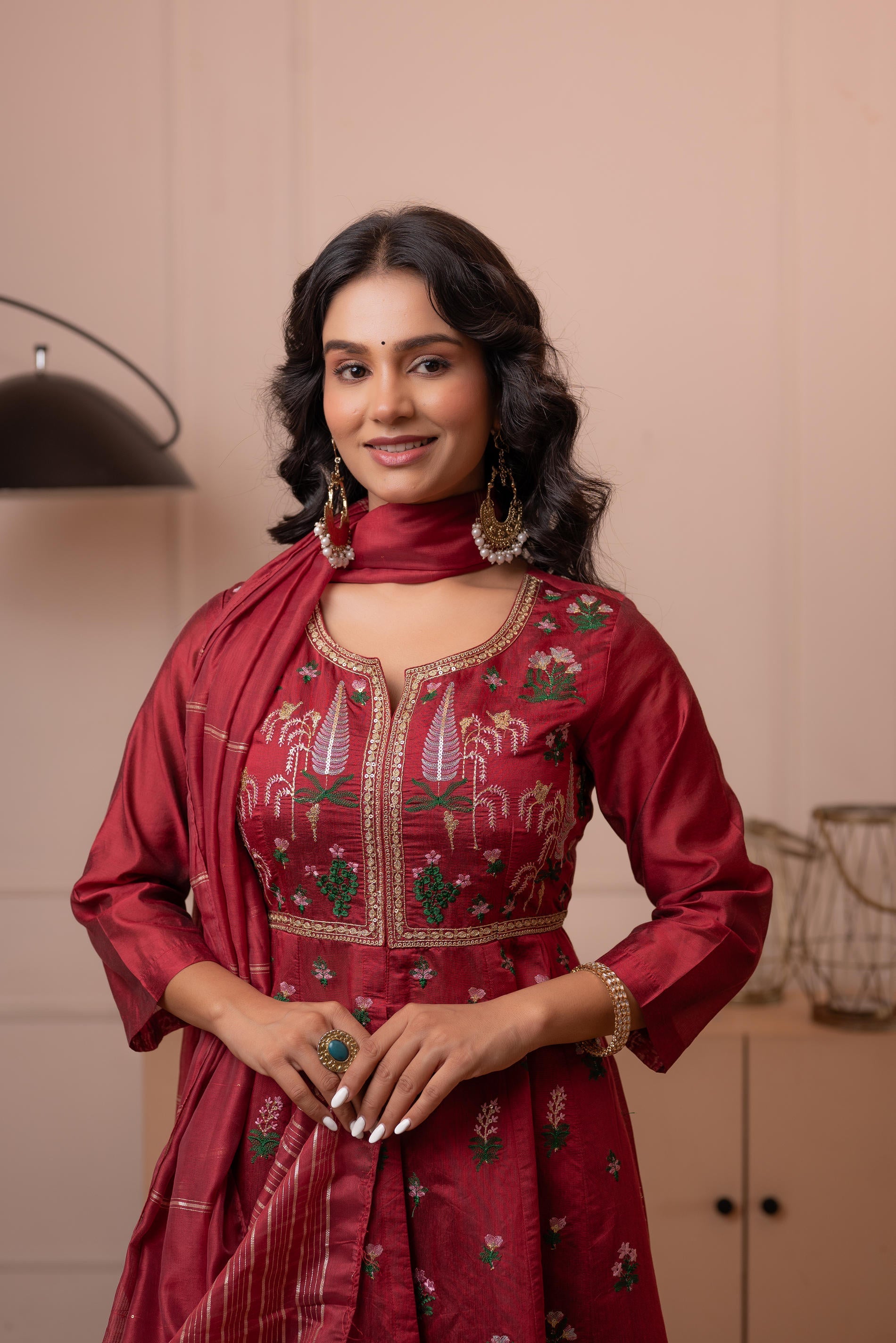 Embroidered Maroon Long Kurta And Skirt With Dupatta