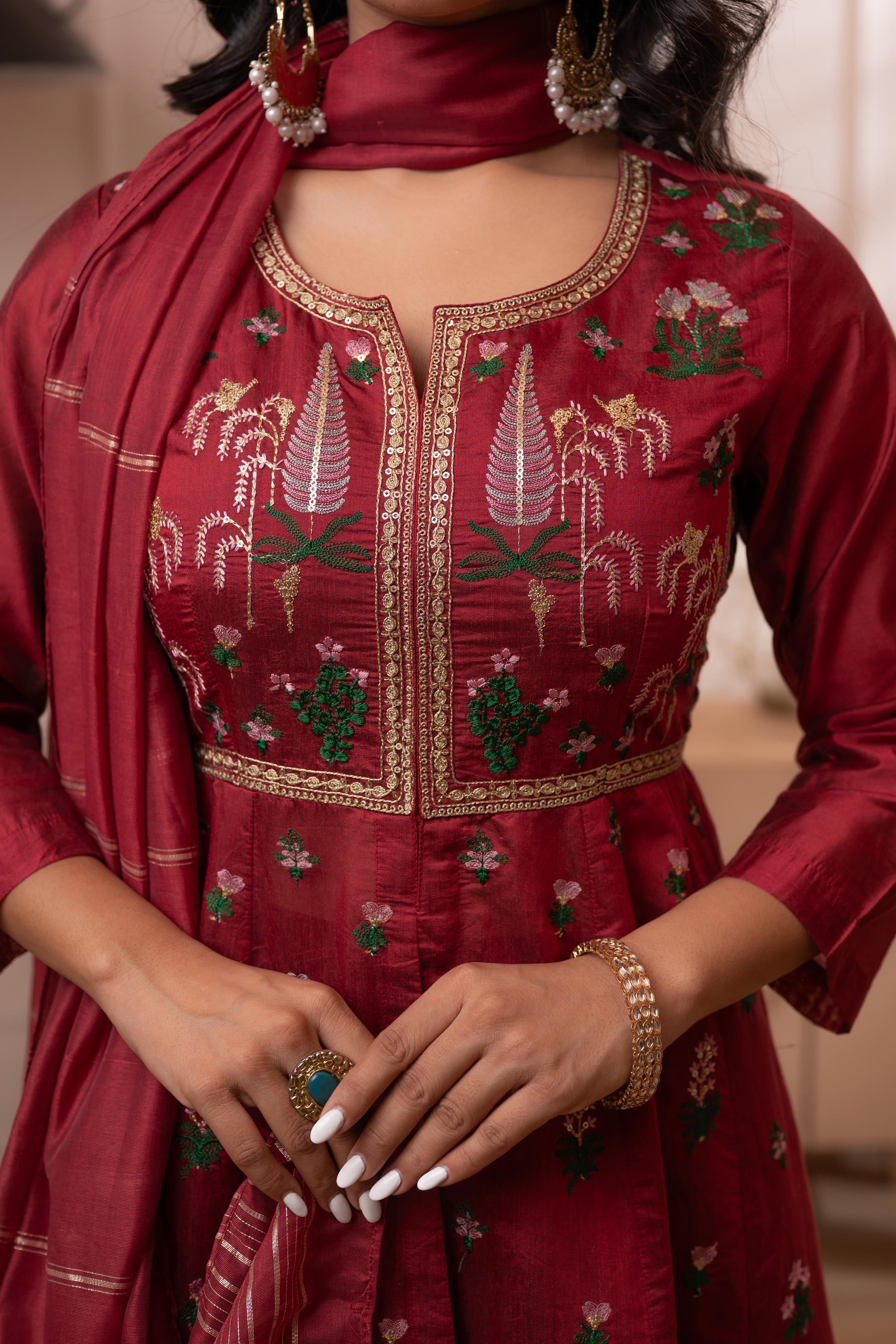 Embroidered Maroon Long Kurta And Skirt With Dupatta