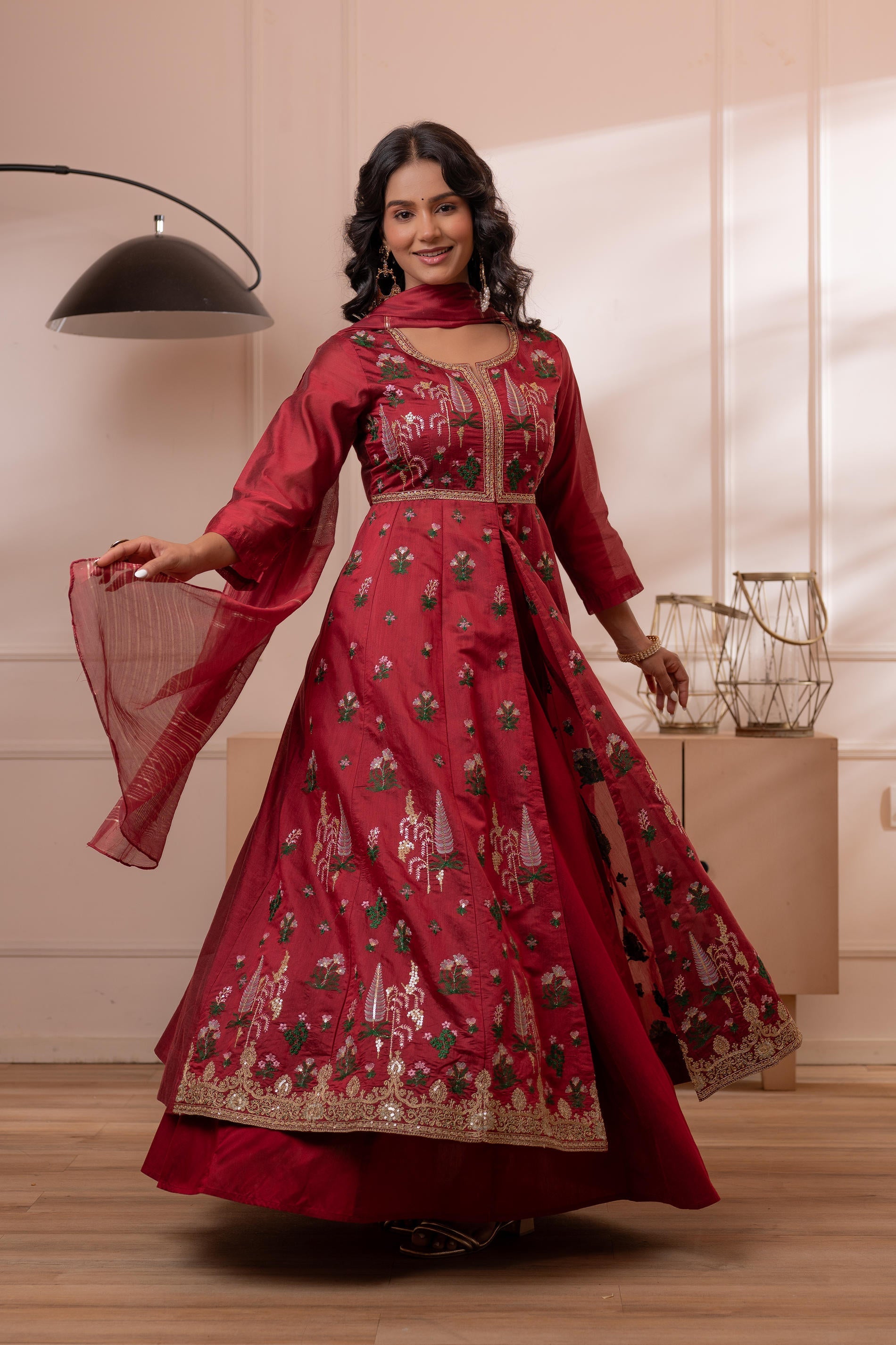 Embroidered Maroon Long Kurta And Skirt With Dupatta