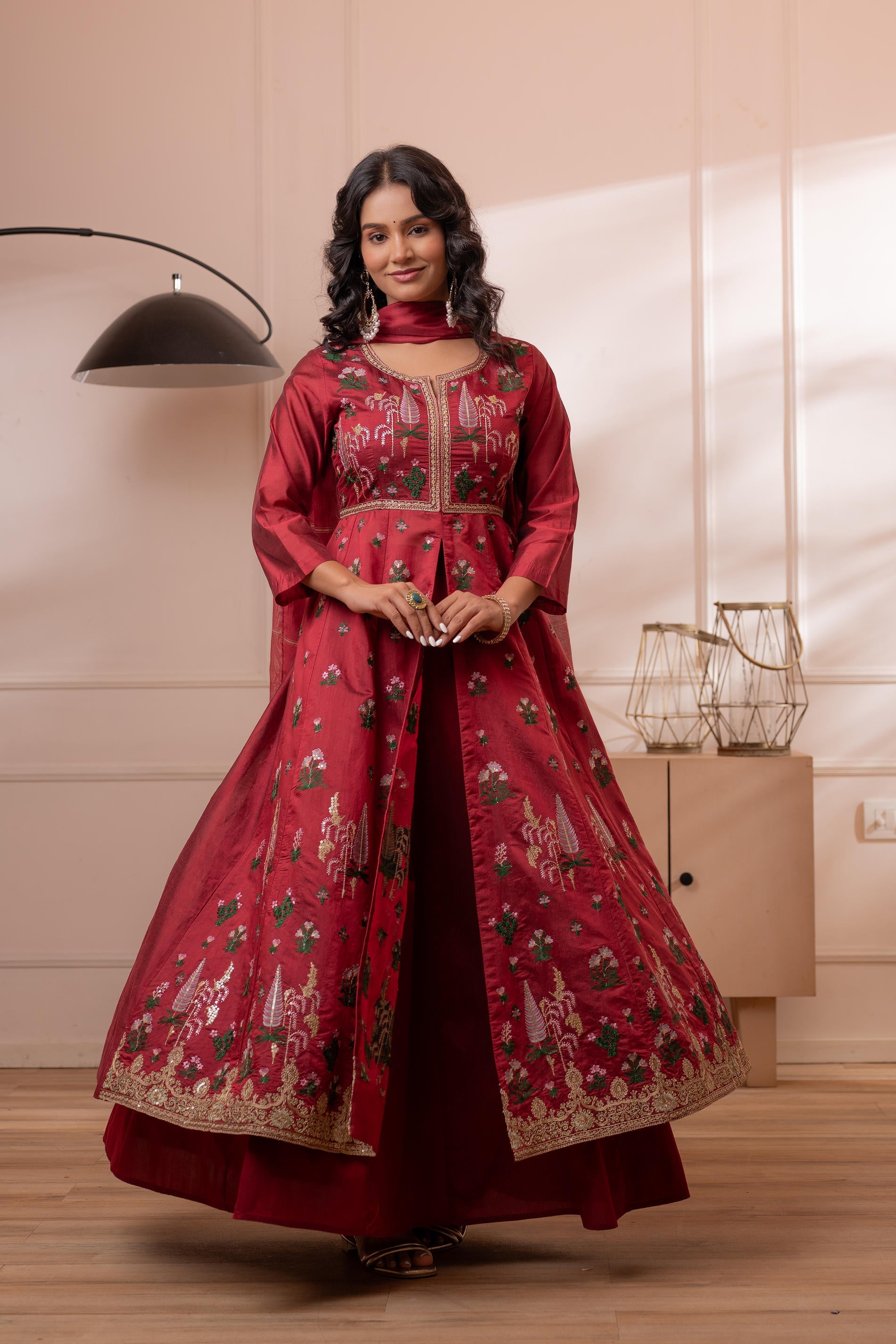 Embroidered Maroon Long Kurta And Skirt With Dupatta