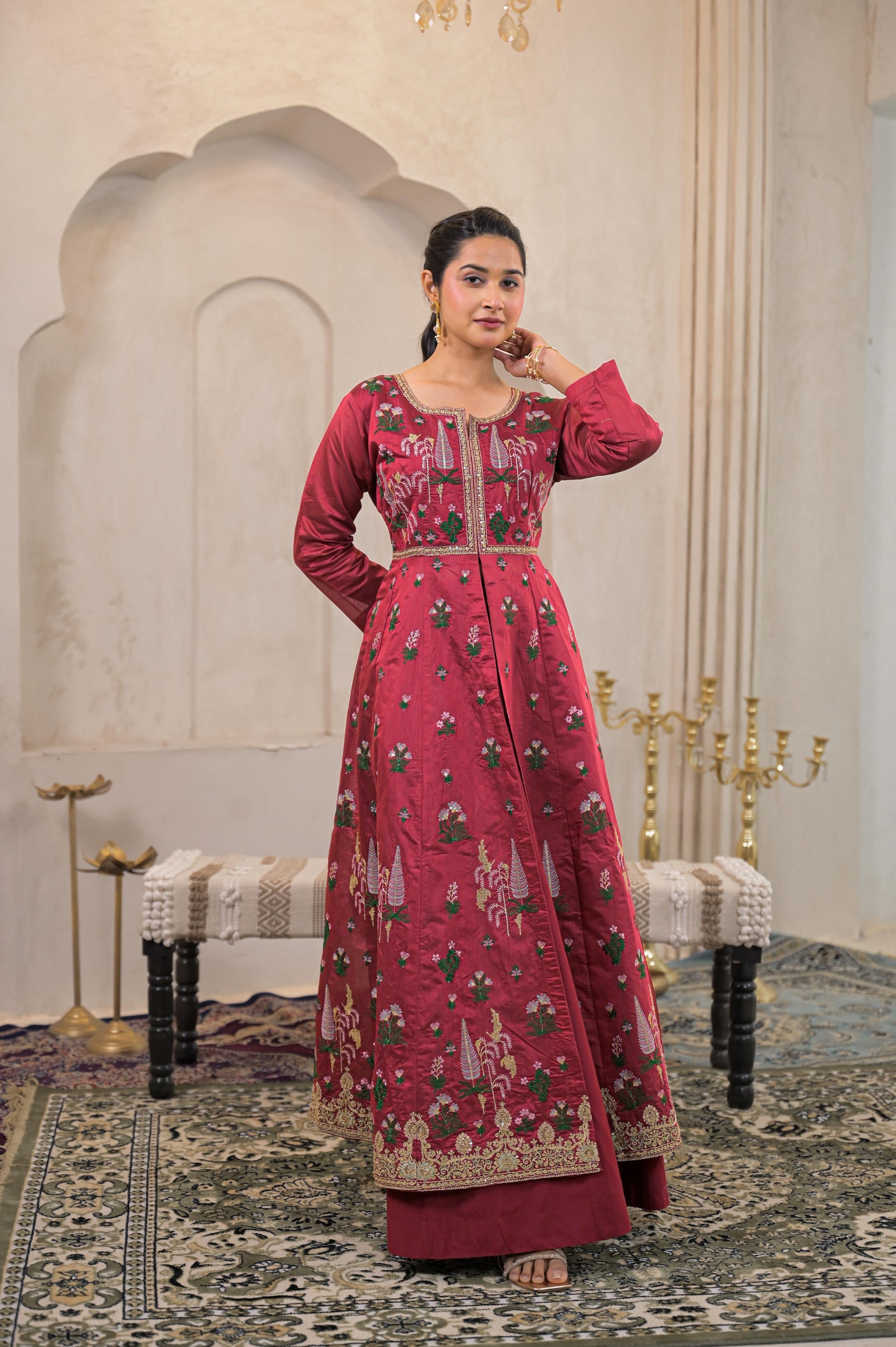 Embroidered Maroon Long Kurta And Skirt With Dupatta
