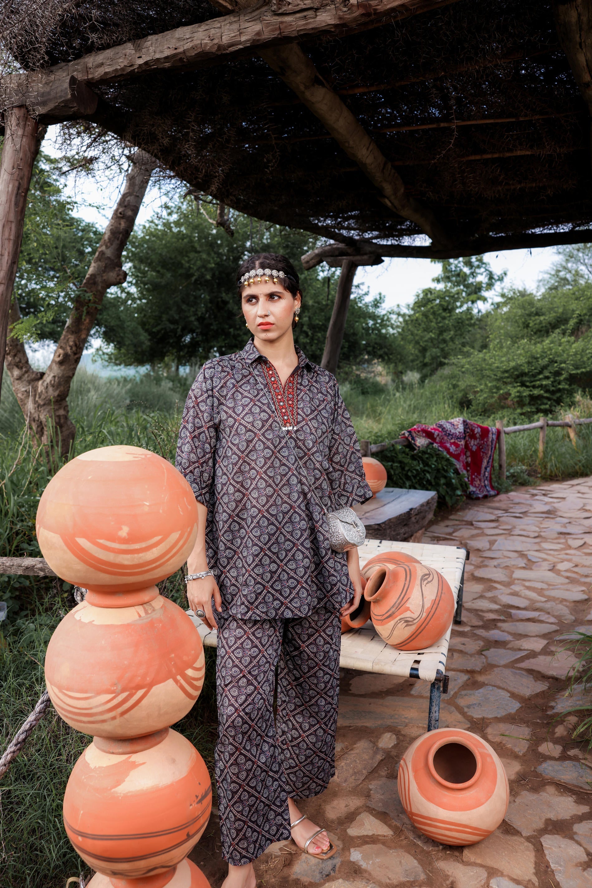 Black Floral Embroidered Co-ord Set with Tunic & Printed Pants