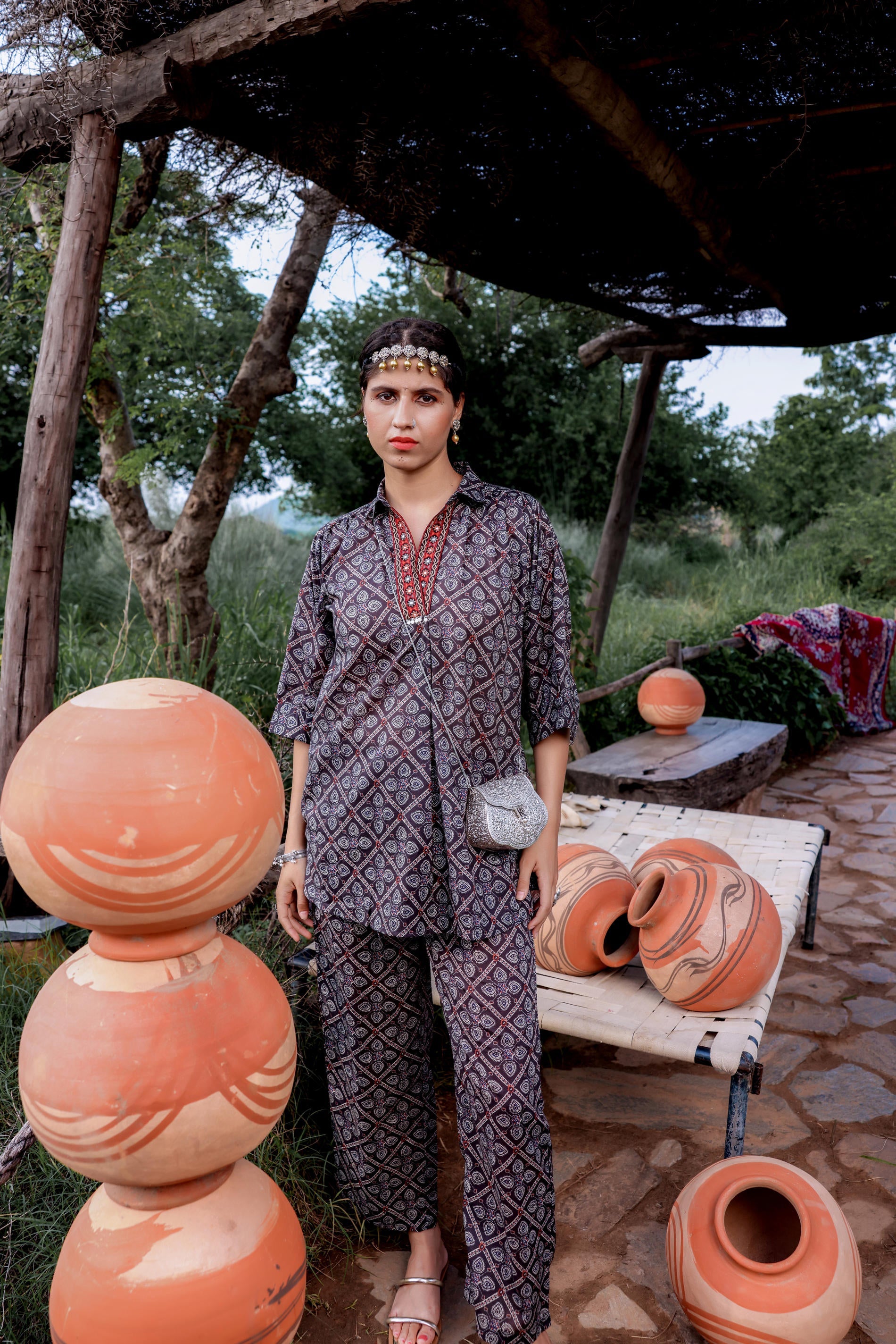 Black Floral Embroidered Co-ord Set with Tunic & Printed Pants