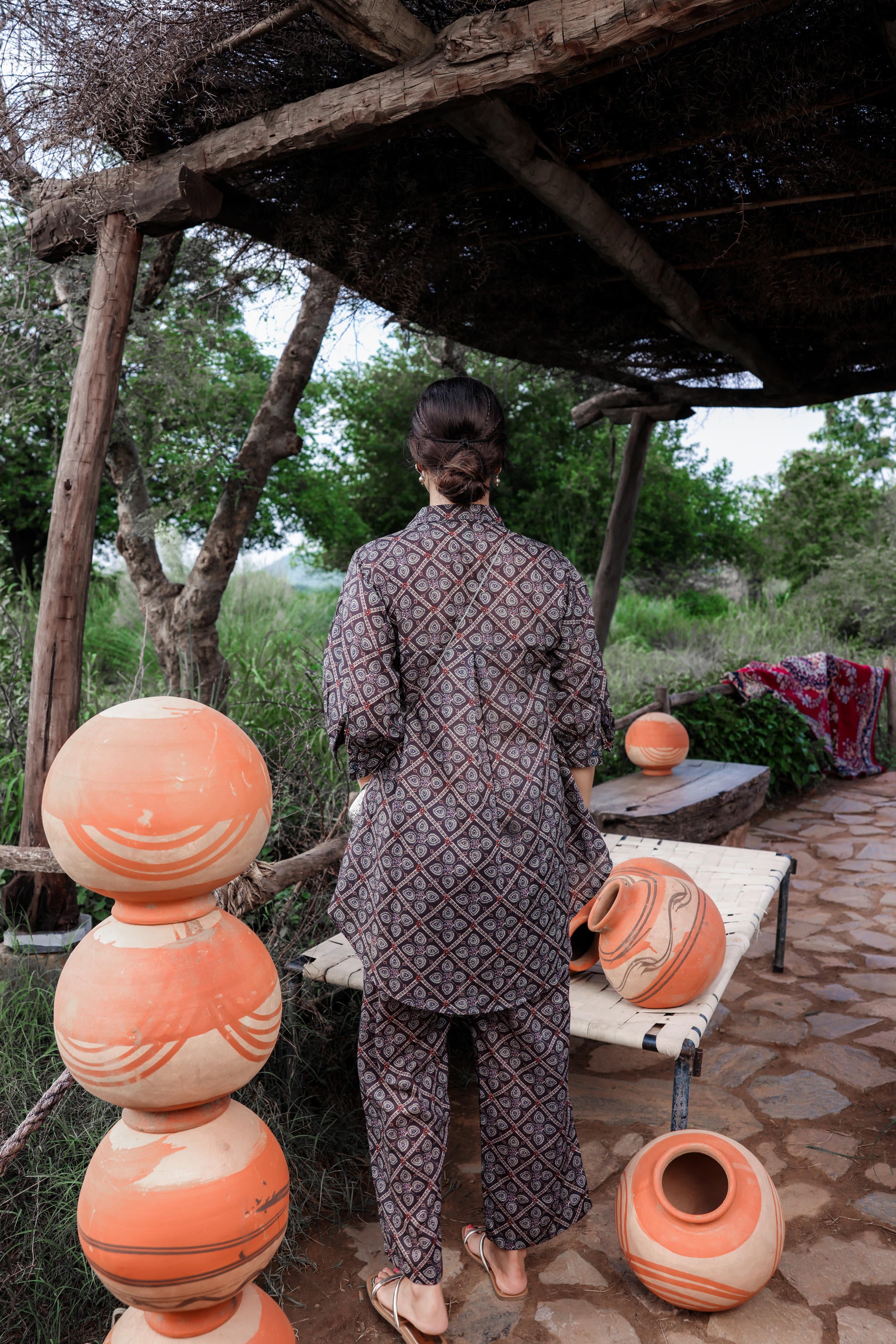 Black Floral Embroidered Co-ord Set with Tunic & Printed Pants