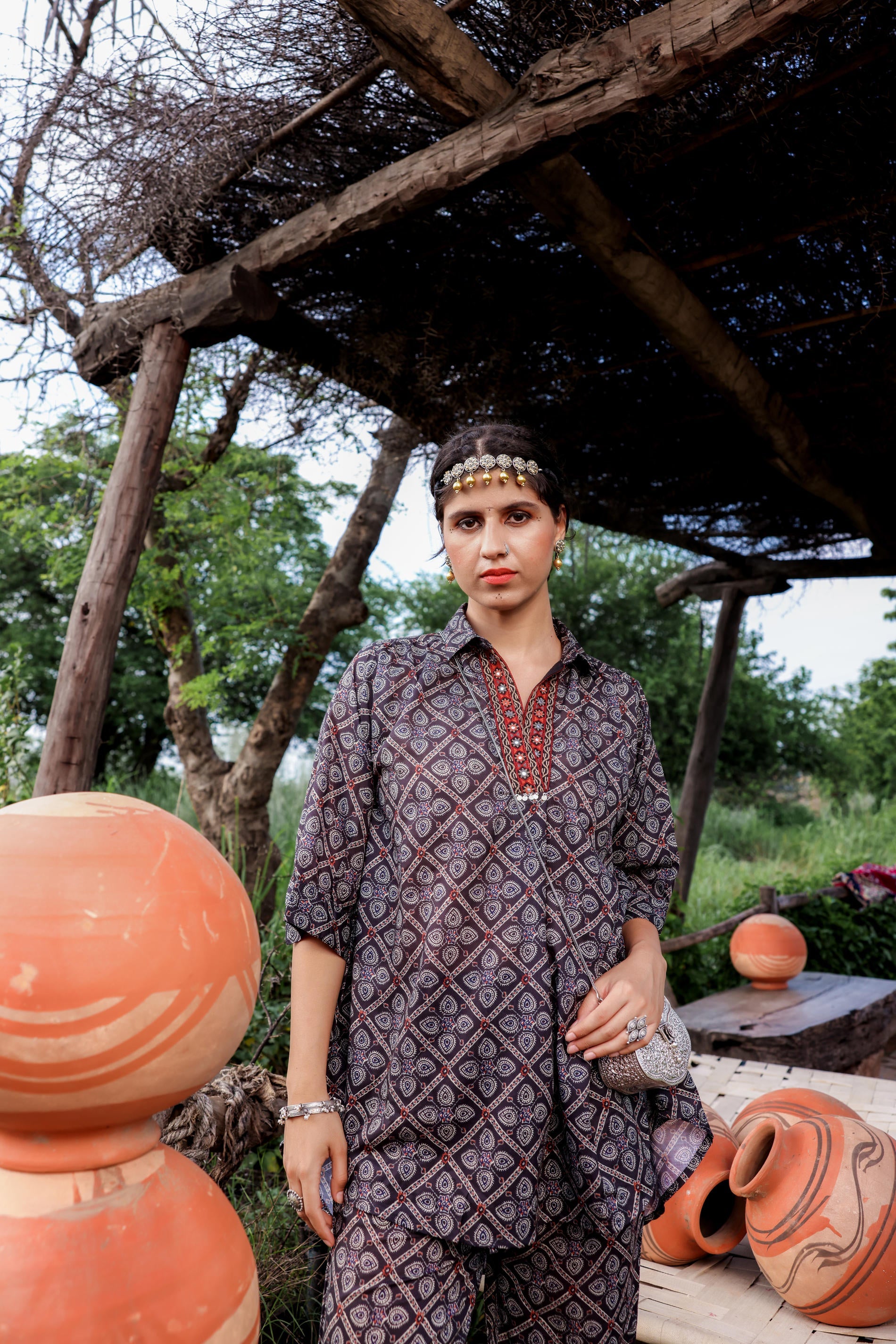 Black Floral Embroidered Co-ord Set with Tunic & Printed Pants