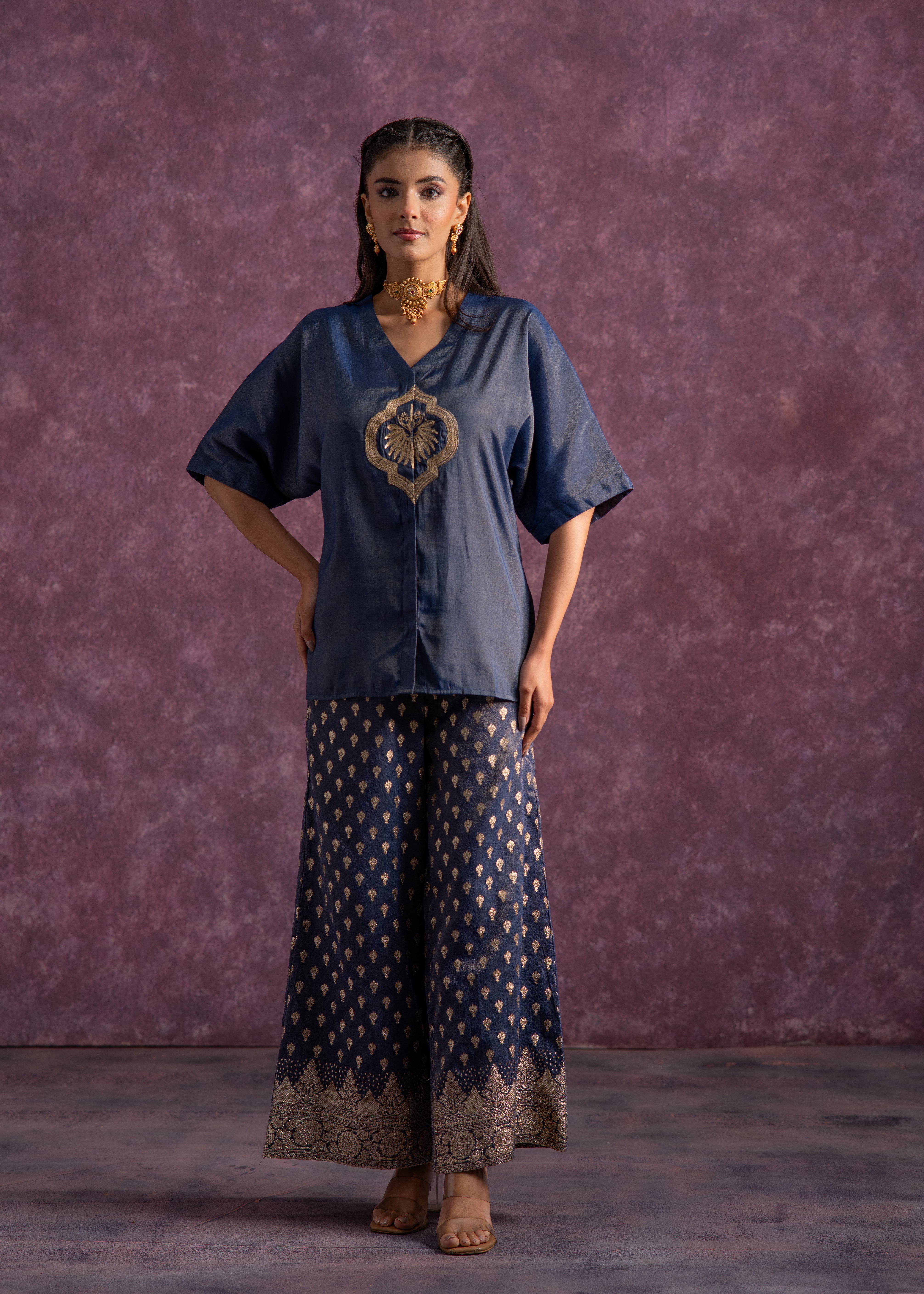 Indigo Viscose Solid A-Line Tunic With Pants Co-Ord Set With Zari & Sequence Work