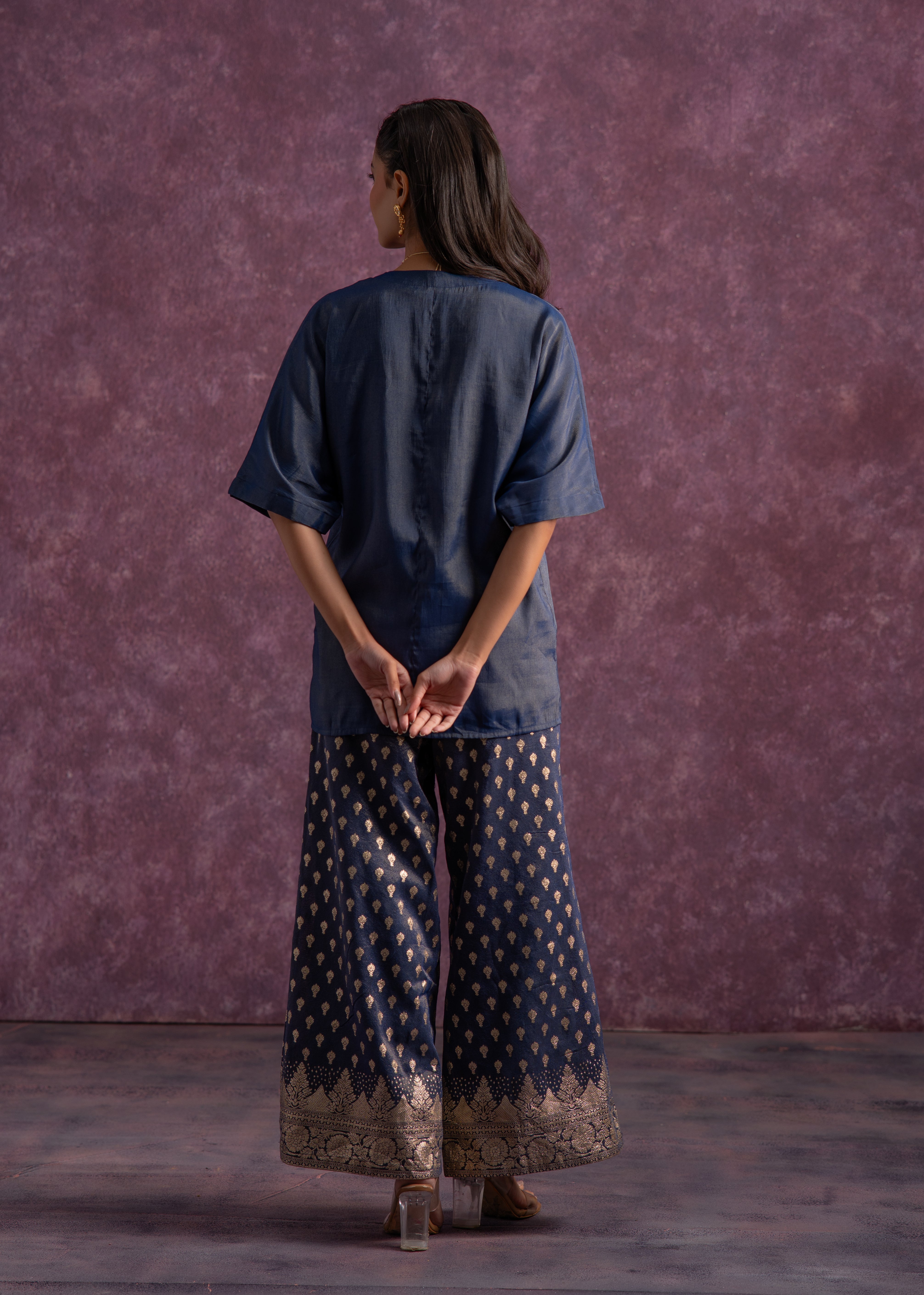 Indigo Viscose Solid A-Line Tunic With Pants Co-Ord Set With Zari & Sequence Work