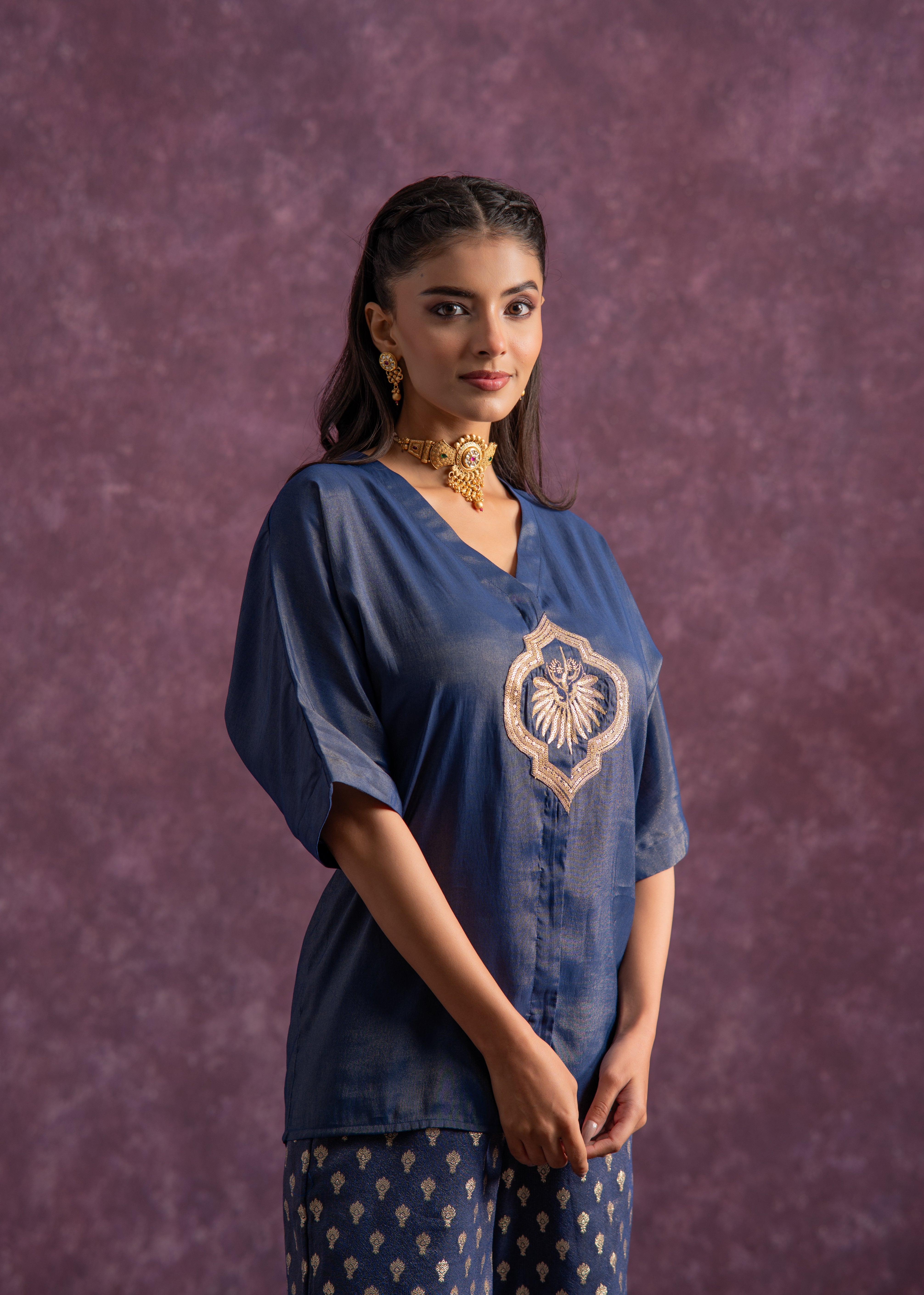 Indigo Viscose Solid A-Line Tunic With Pants Co-Ord Set With Zari & Sequence Work