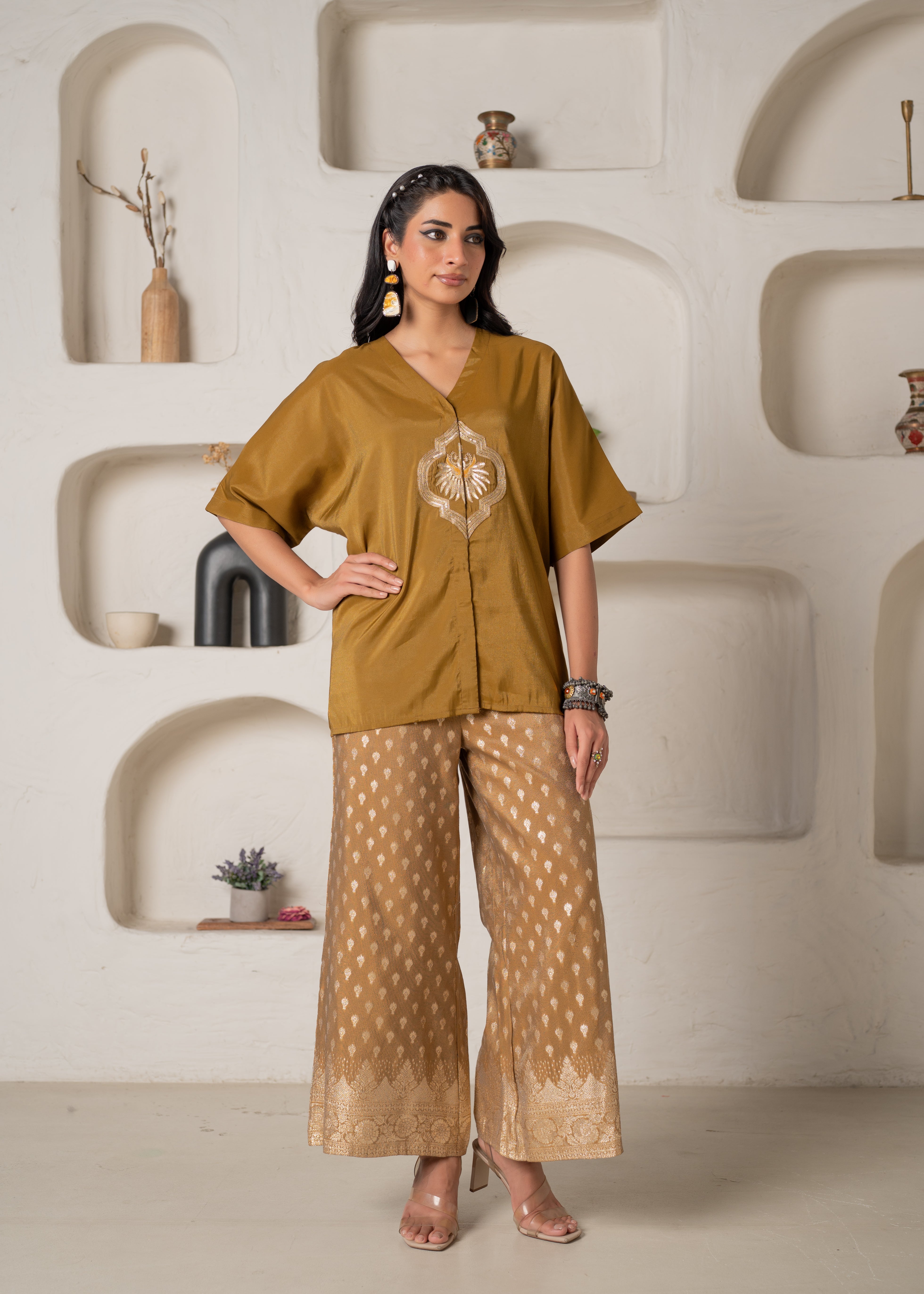 Mustard Viscose Solid A-Line Tunic With Pants Co-Ord Set With Zari & Sequence Work