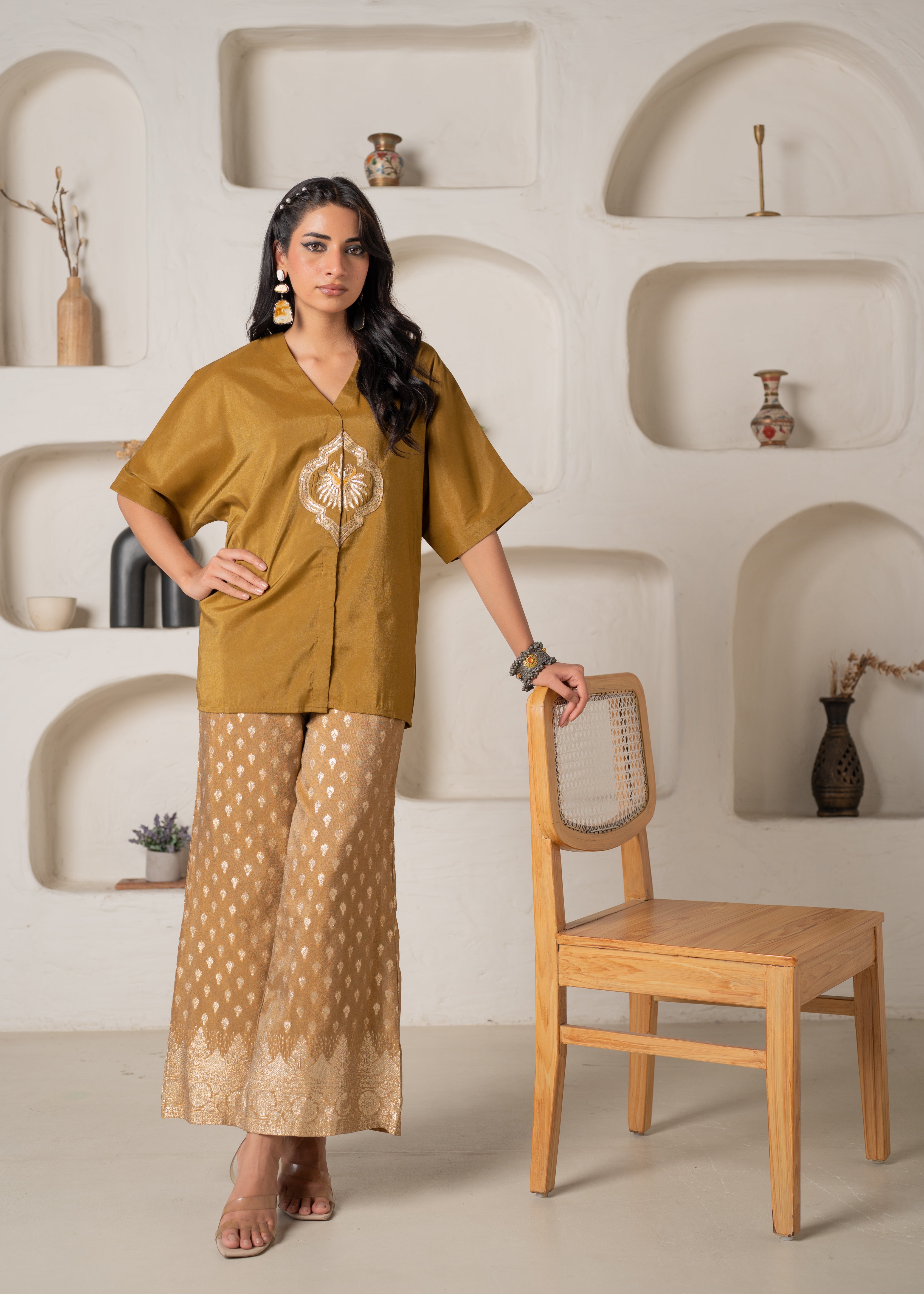Mustard Viscose Solid A-Line Tunic With Pants Co-Ord Set With Zari & Sequence Work