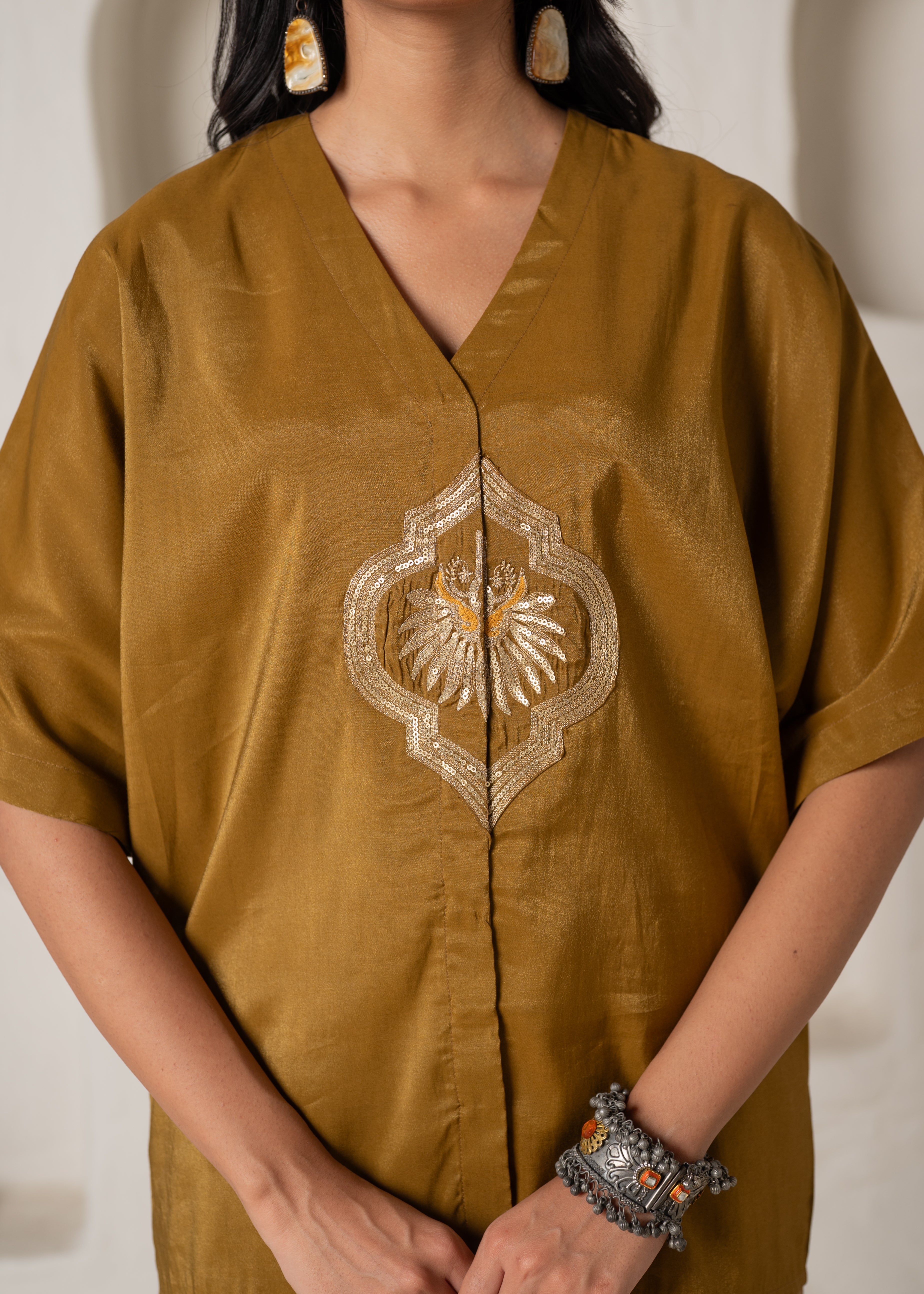 Mustard Viscose Solid A-Line Tunic With Pants Co-Ord Set With Zari & Sequence Work