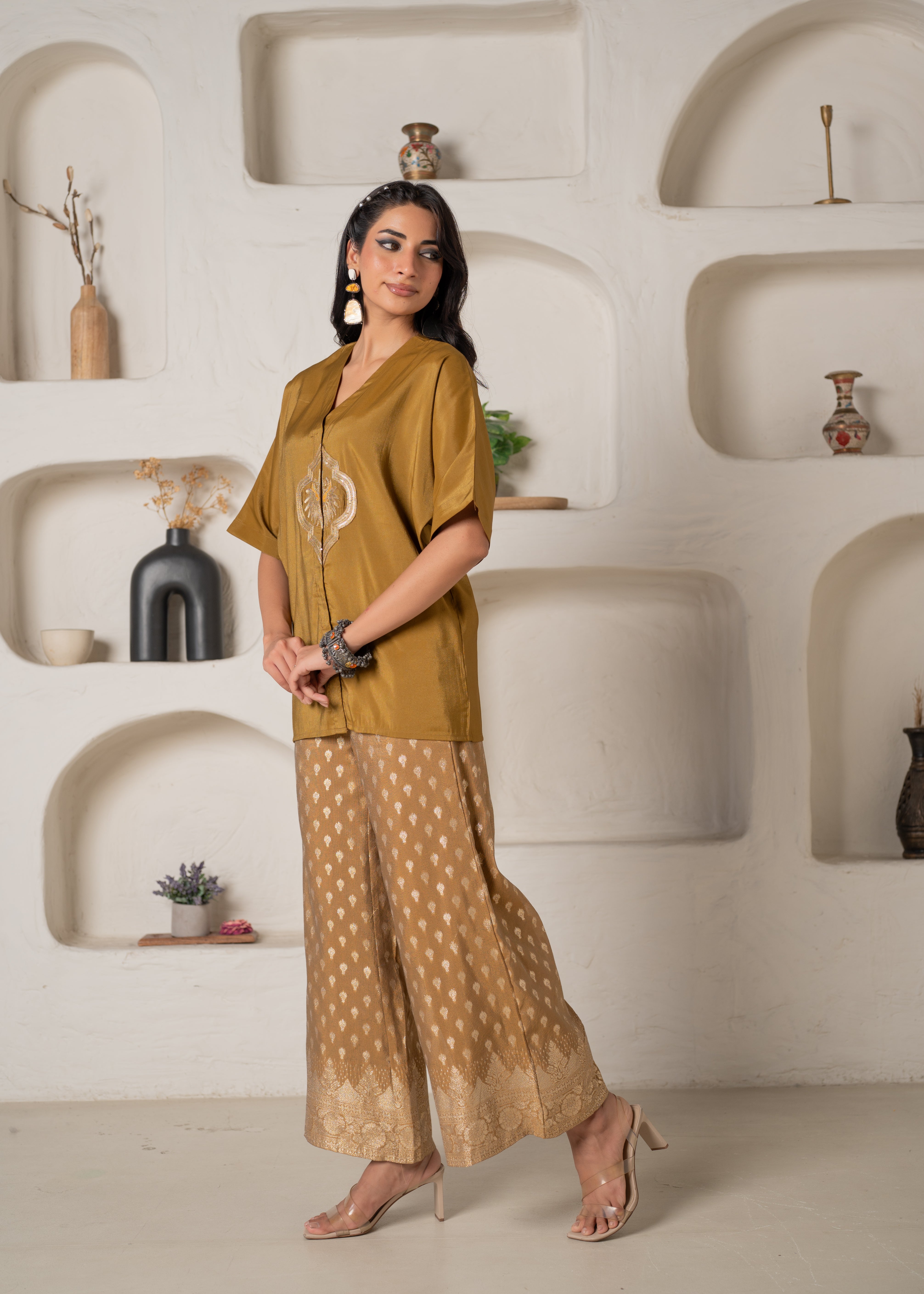 Mustard Viscose Solid A-Line Tunic With Pants Co-Ord Set With Zari & Sequence Work