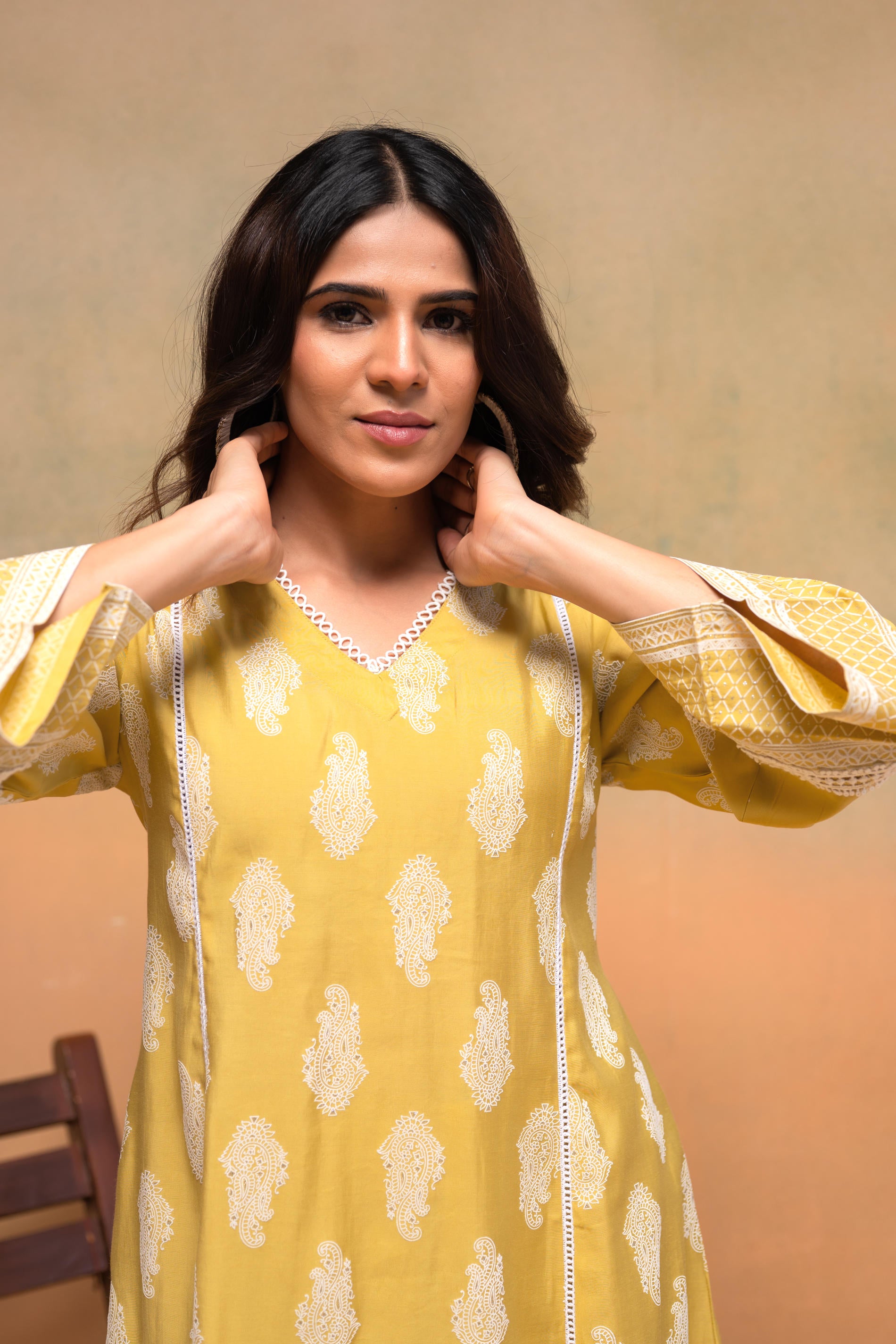 Viscose Yellow Embroidered Kurta Pant Co-ordset with Thread Work & Lace