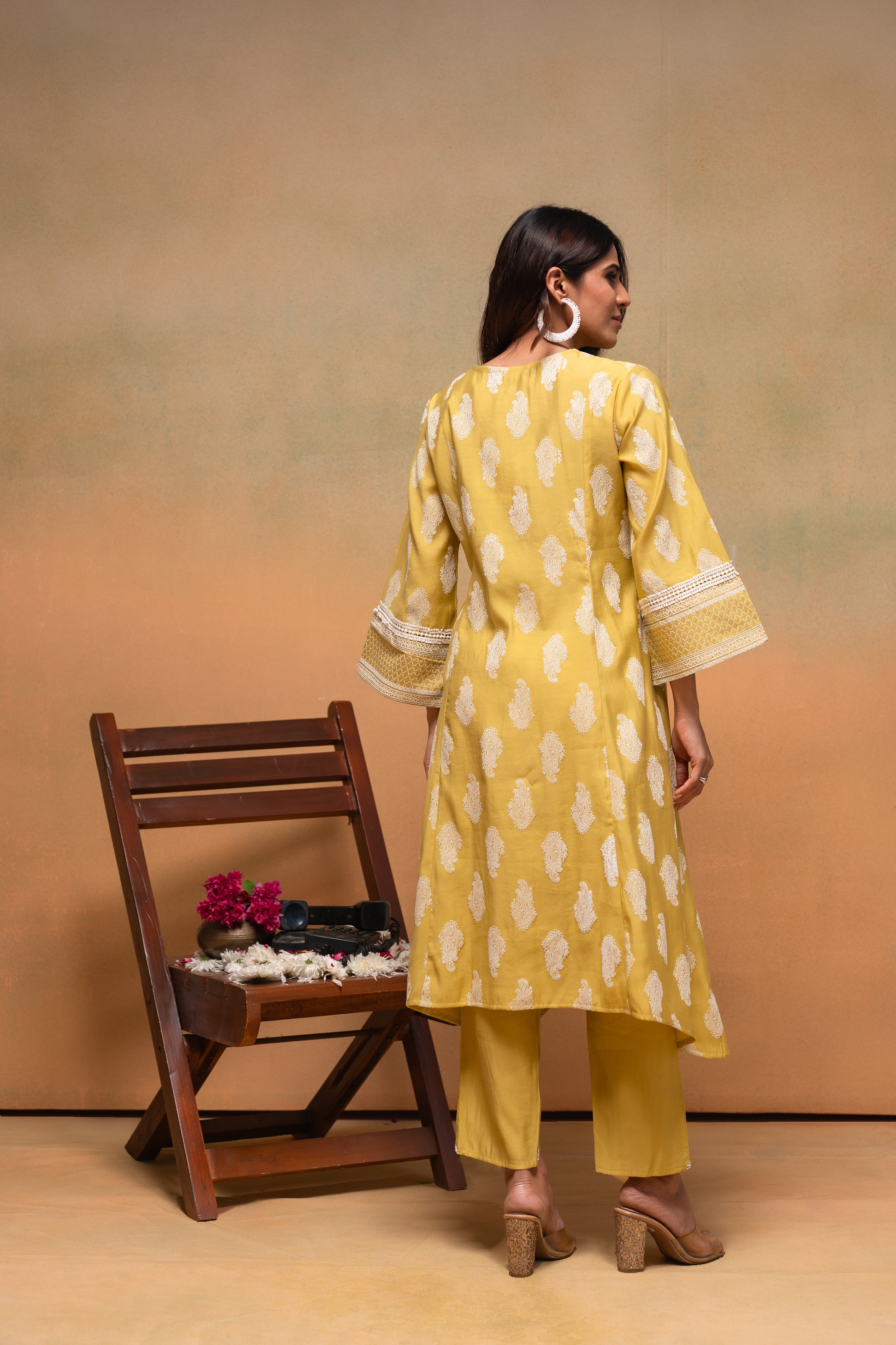 Viscose Yellow Embroidered Kurta Pant Co-ordset with Thread Work & Lace