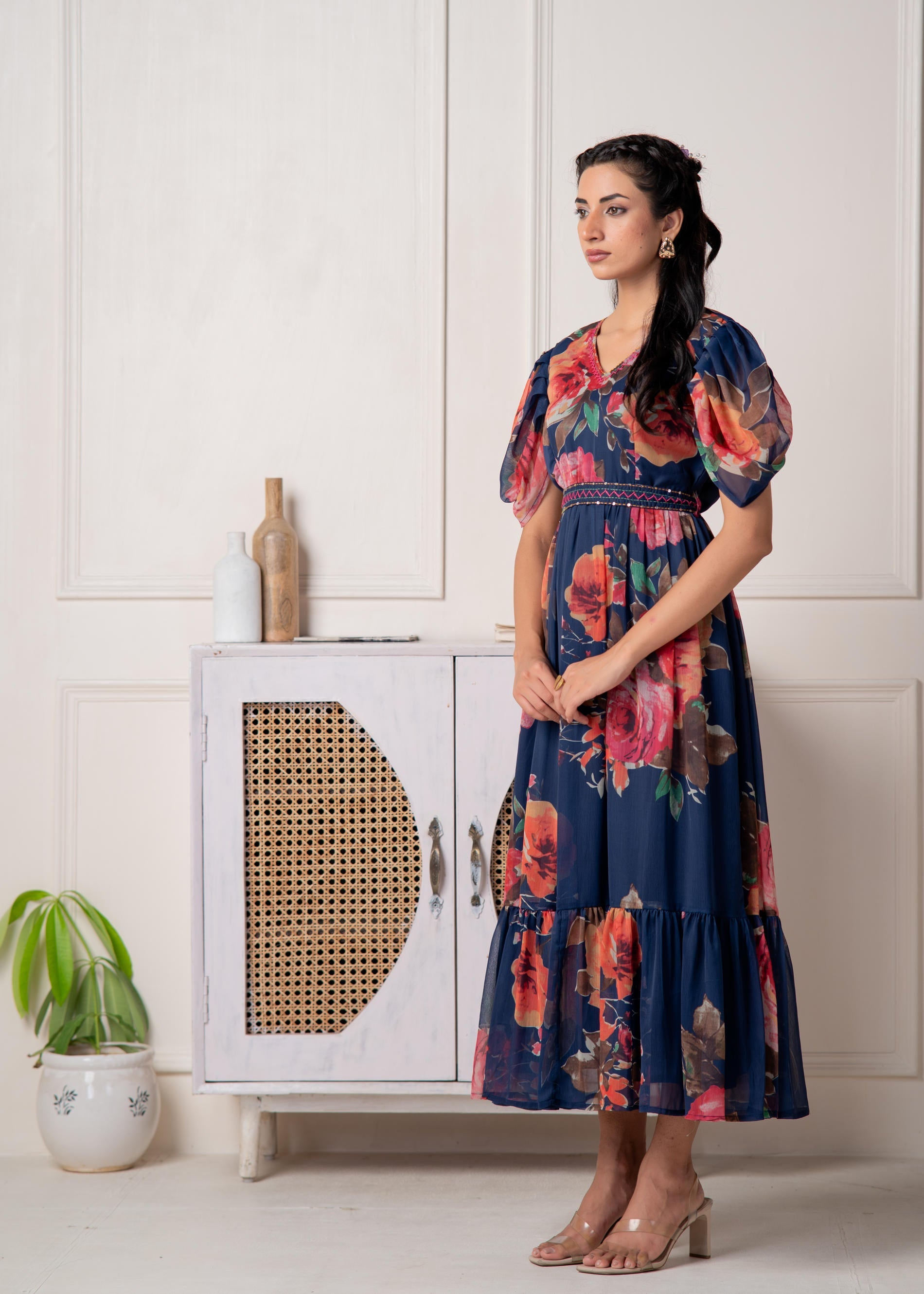 Navy Blue Floral Printed Fit & Flare Maxi Dress