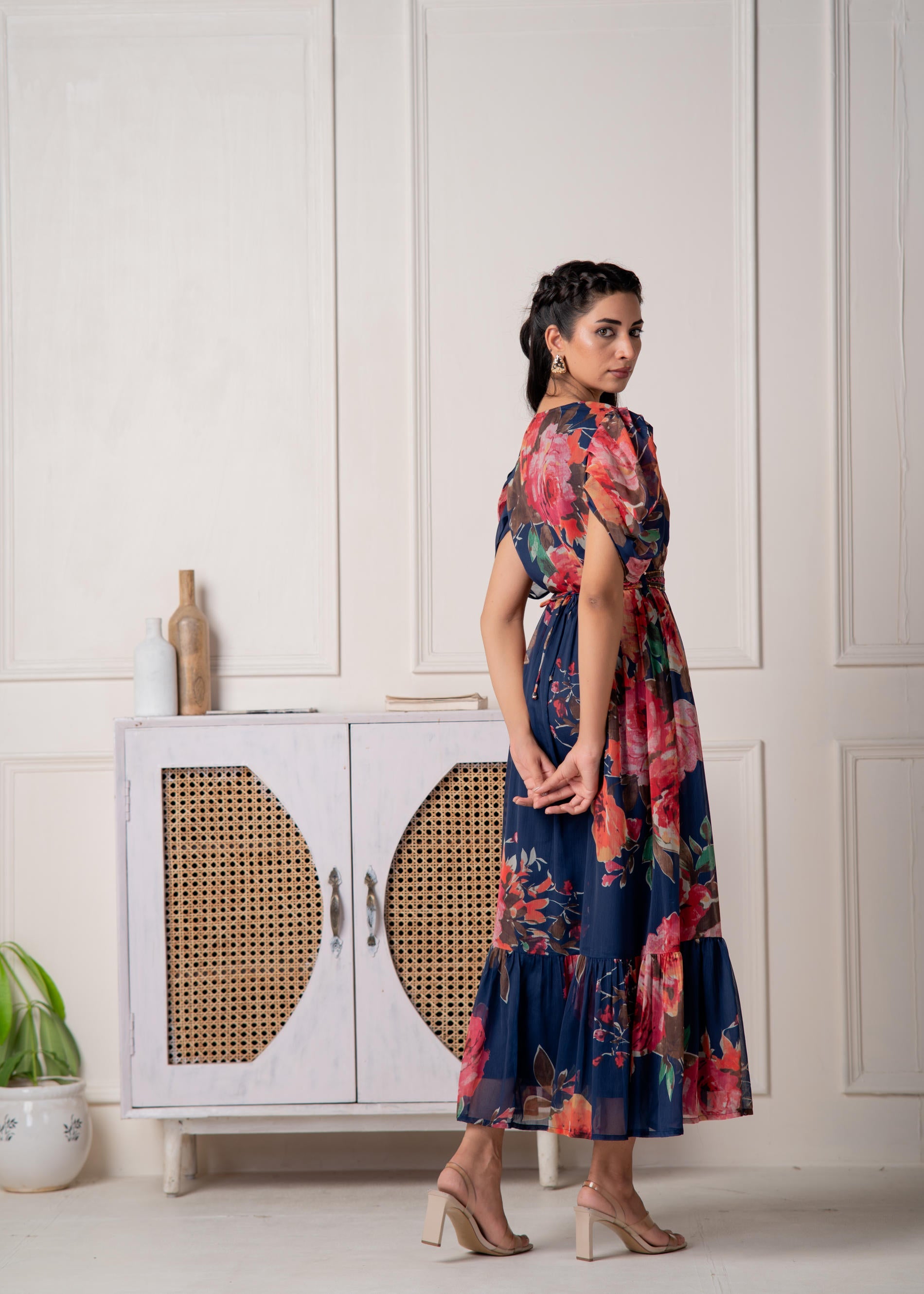 Navy Blue Floral Printed Fit & Flare Maxi Dress