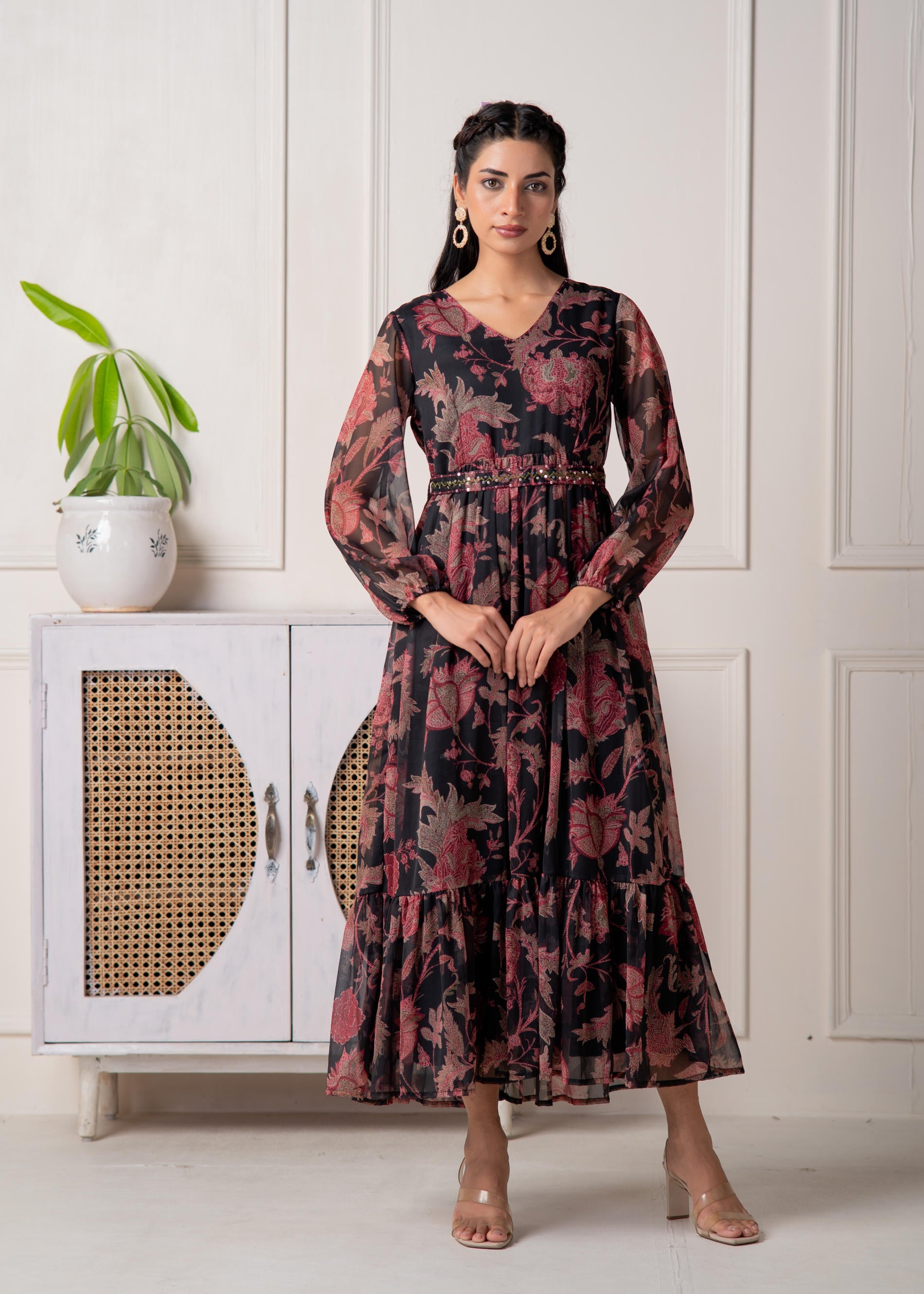 Floral Printed Dress With Sheer Sleeves & Beaded Waist Detailing