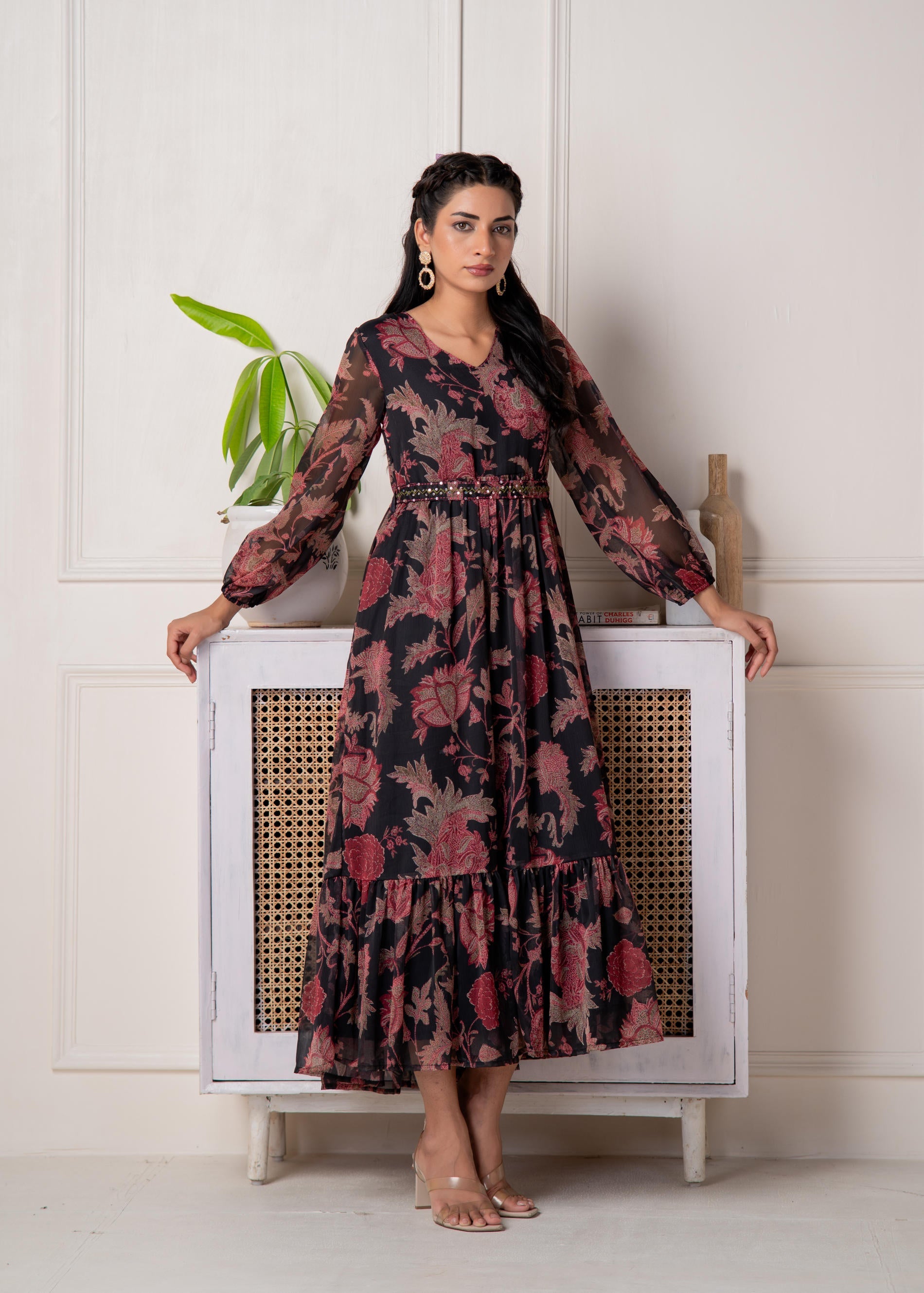 Floral Printed Dress With Sheer Sleeves & Beaded Waist Detailing