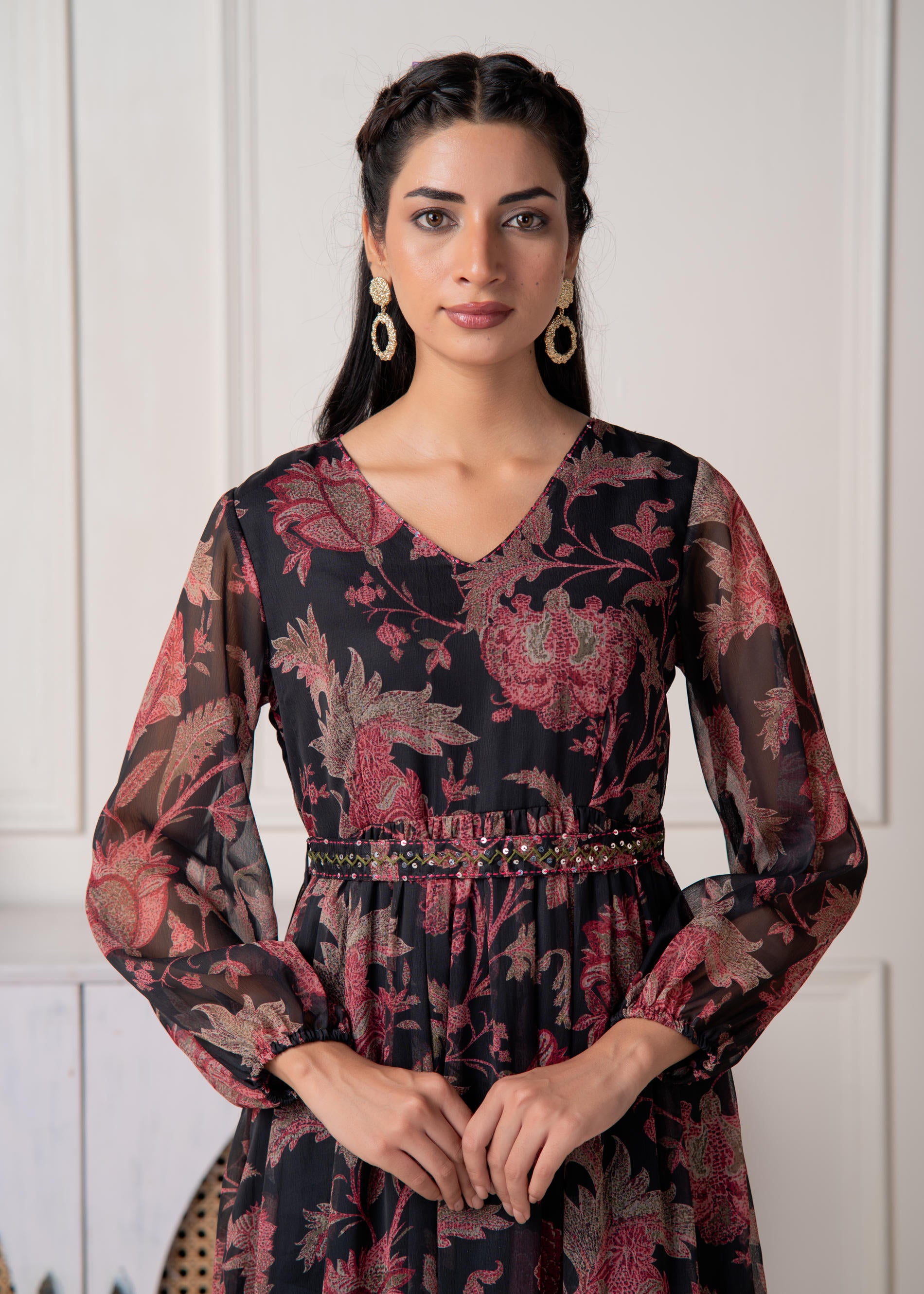 Floral Printed Dress With Sheer Sleeves & Beaded Waist Detailing
