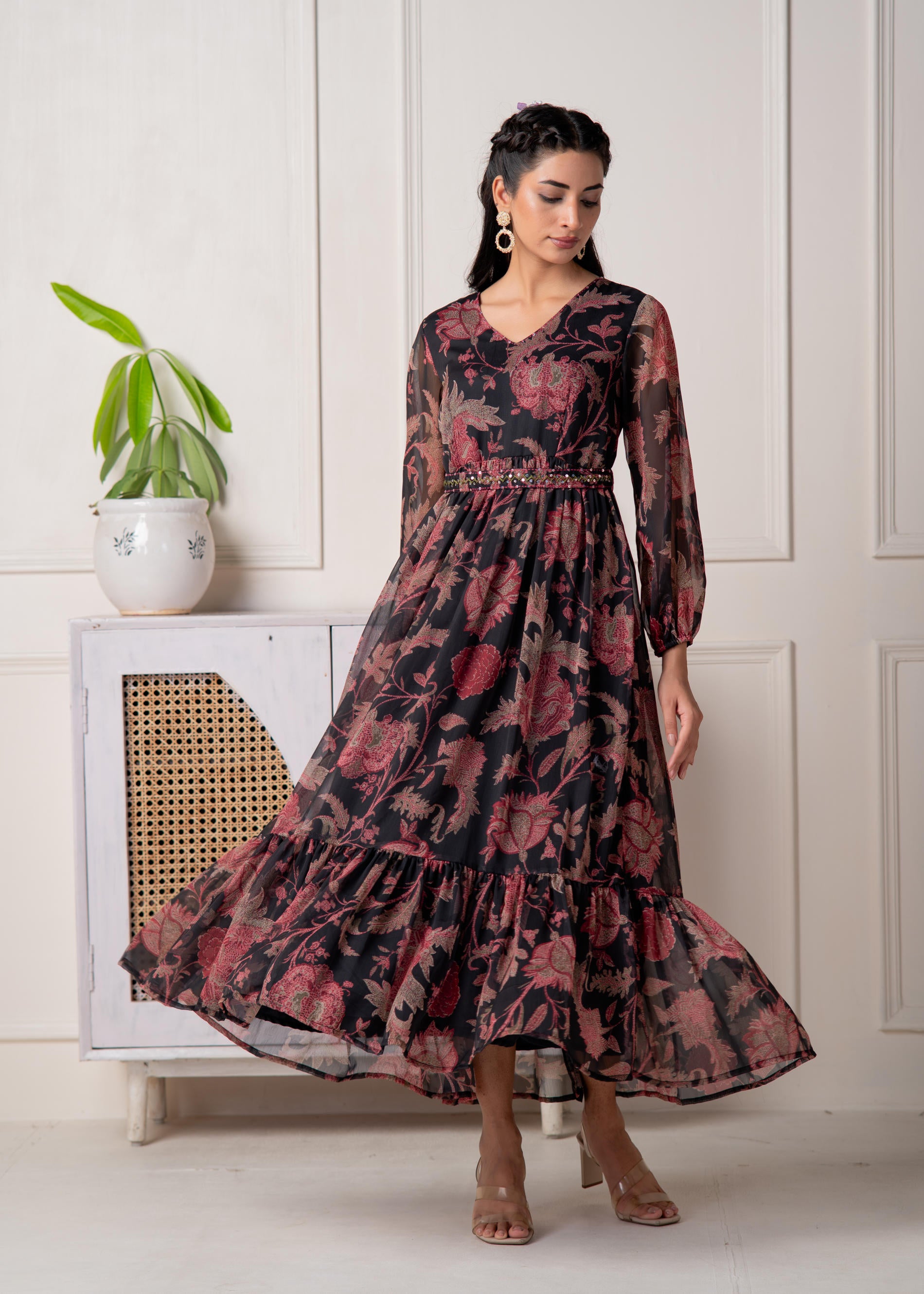 Floral Printed Dress With Sheer Sleeves & Beaded Waist Detailing