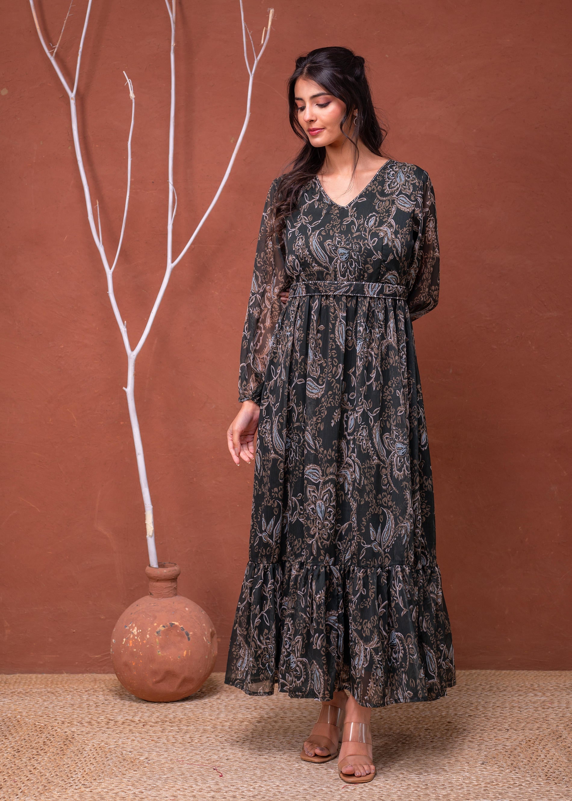 Floral Printed Dress With Sheer Sleeves & Beaded Waist Detailing