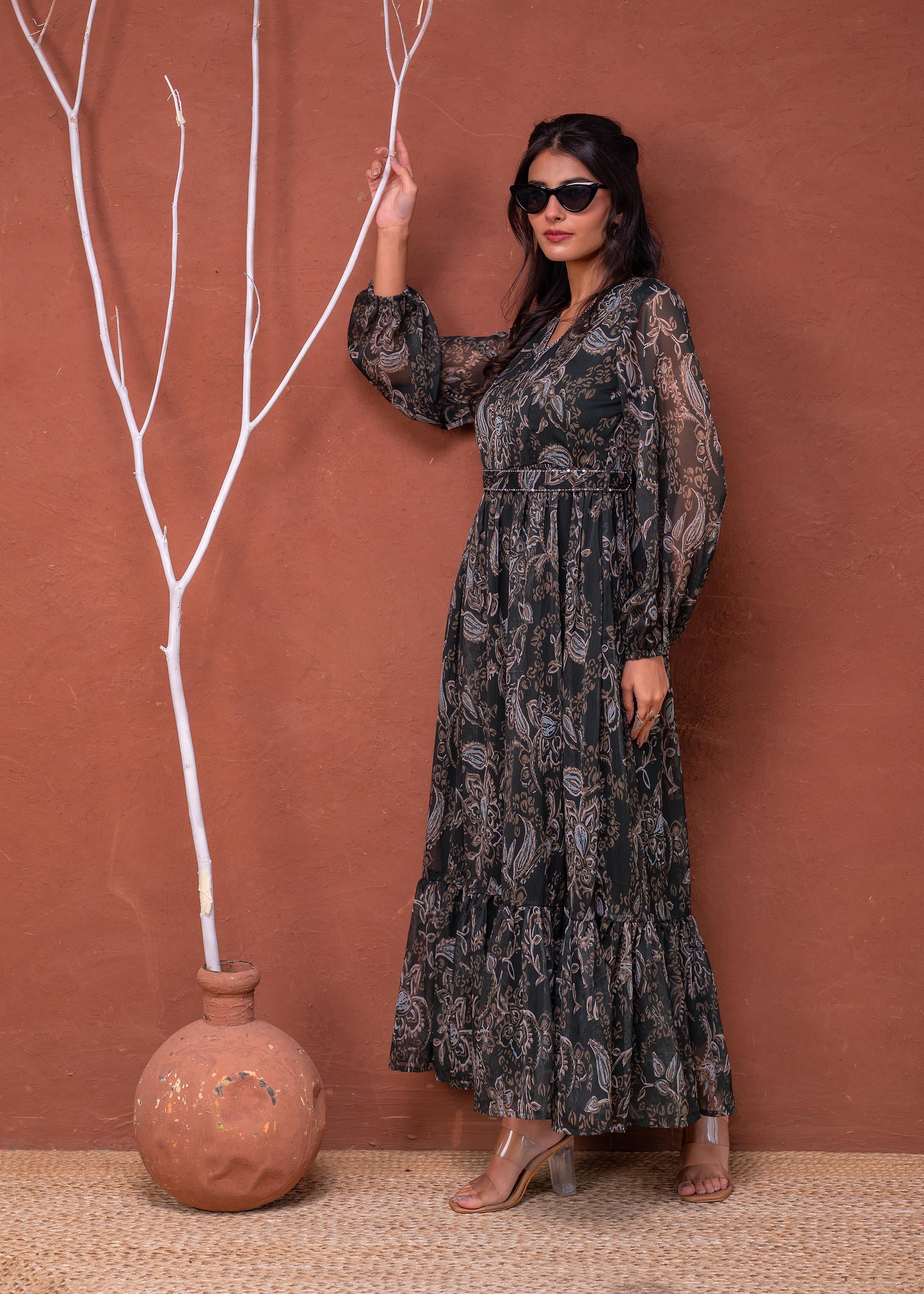 Floral Printed Dress With Sheer Sleeves & Beaded Waist Detailing